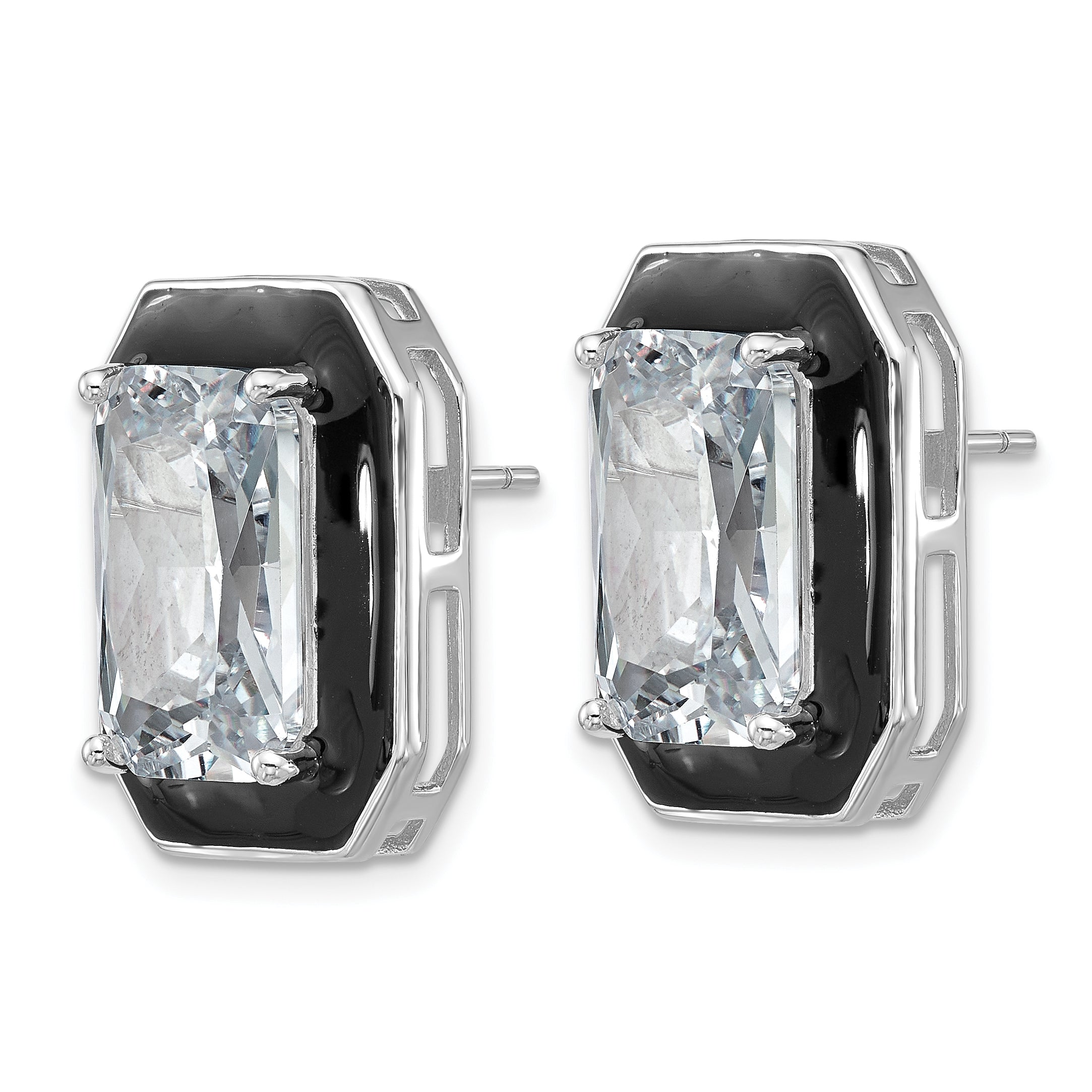 Cheryl M Sterling Silver Rhodium-plated Polished Black Enamel and Emerald-cut CZ Post Earrings Secondary image
