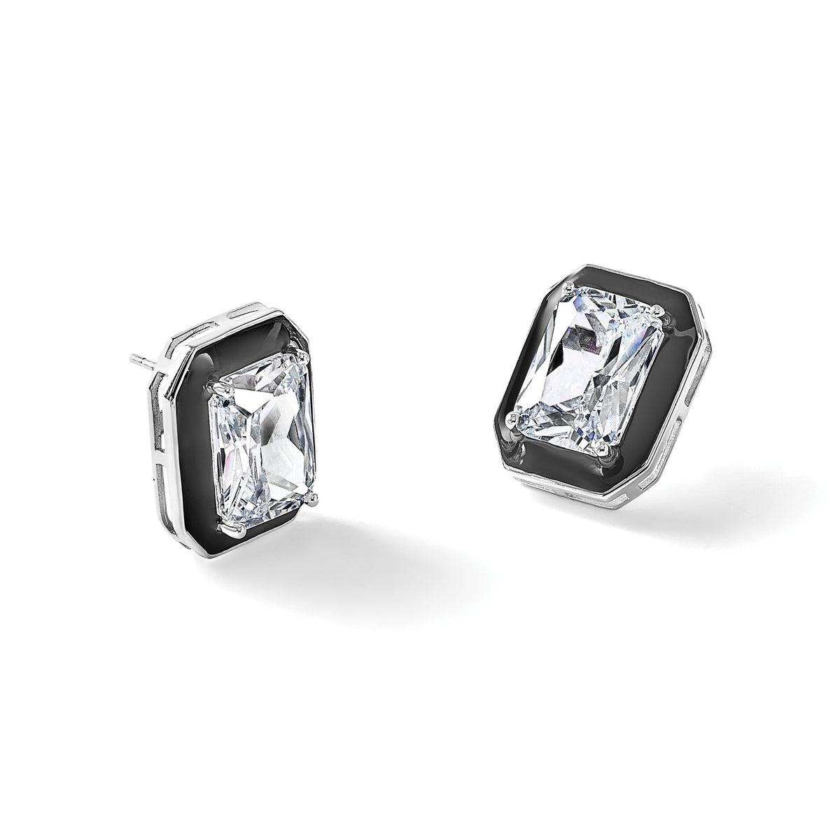 Black Enamel and Emerald-Cut Cubic Zirconia Stud Earrings in Sterling Silver - Sophia Jewelers