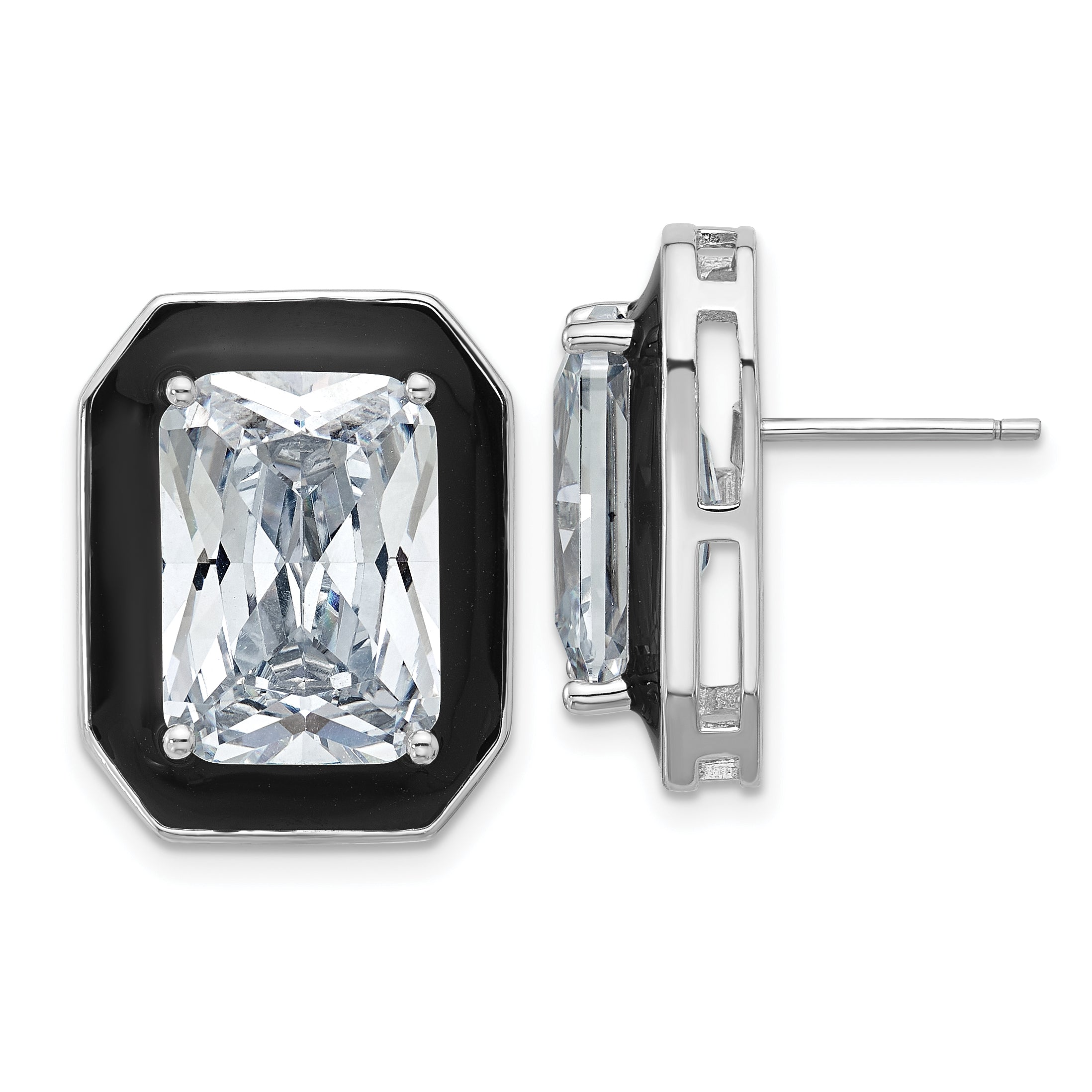 Cheryl M Sterling Silver Rhodium-plated Polished Black Enamel and Emerald-cut CZ Post Earrings Main image