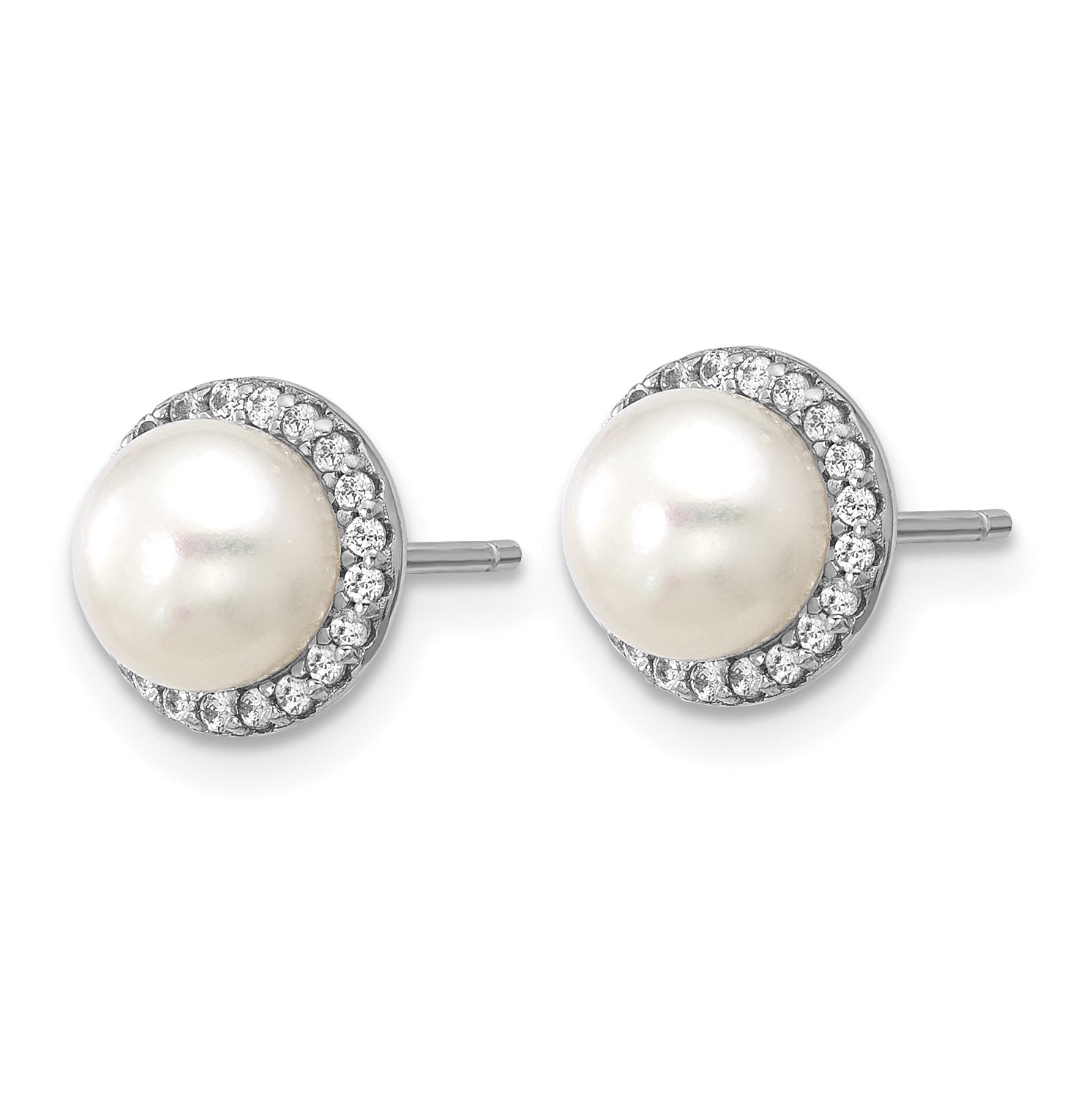 Cheryl M Sterling Silver Rhodium-plated Polished Freshwater Cultured Pearl and CZ Halo Post Earrings