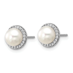 Cheryl M Sterling Silver Rhodium-plated Polished Freshwater Cultured Pearl and CZ Halo Post Earrings