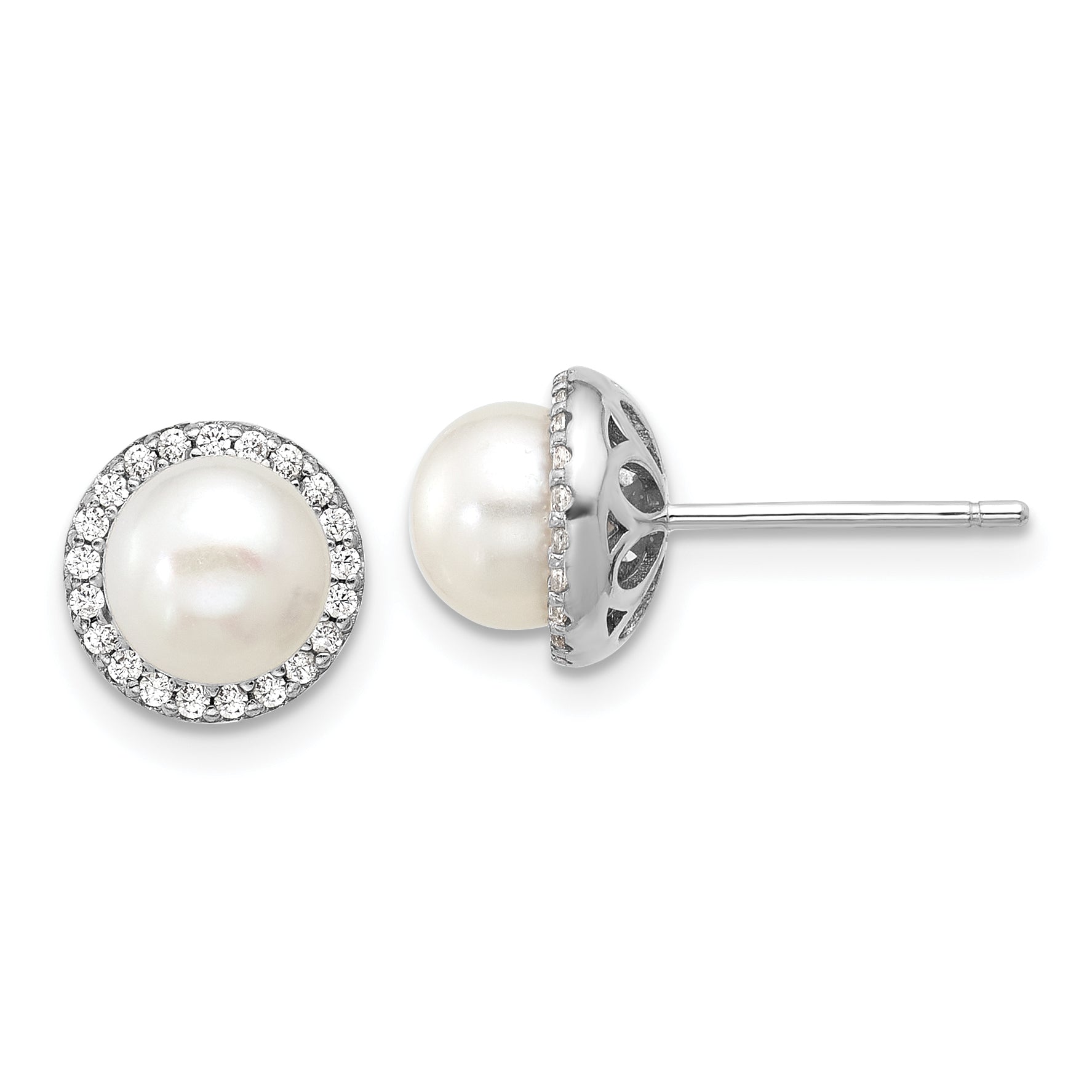 Cheryl M Sterling Silver Rhodium-plated Polished Freshwater Cultured Pearl and CZ Halo Post Earrings Main image