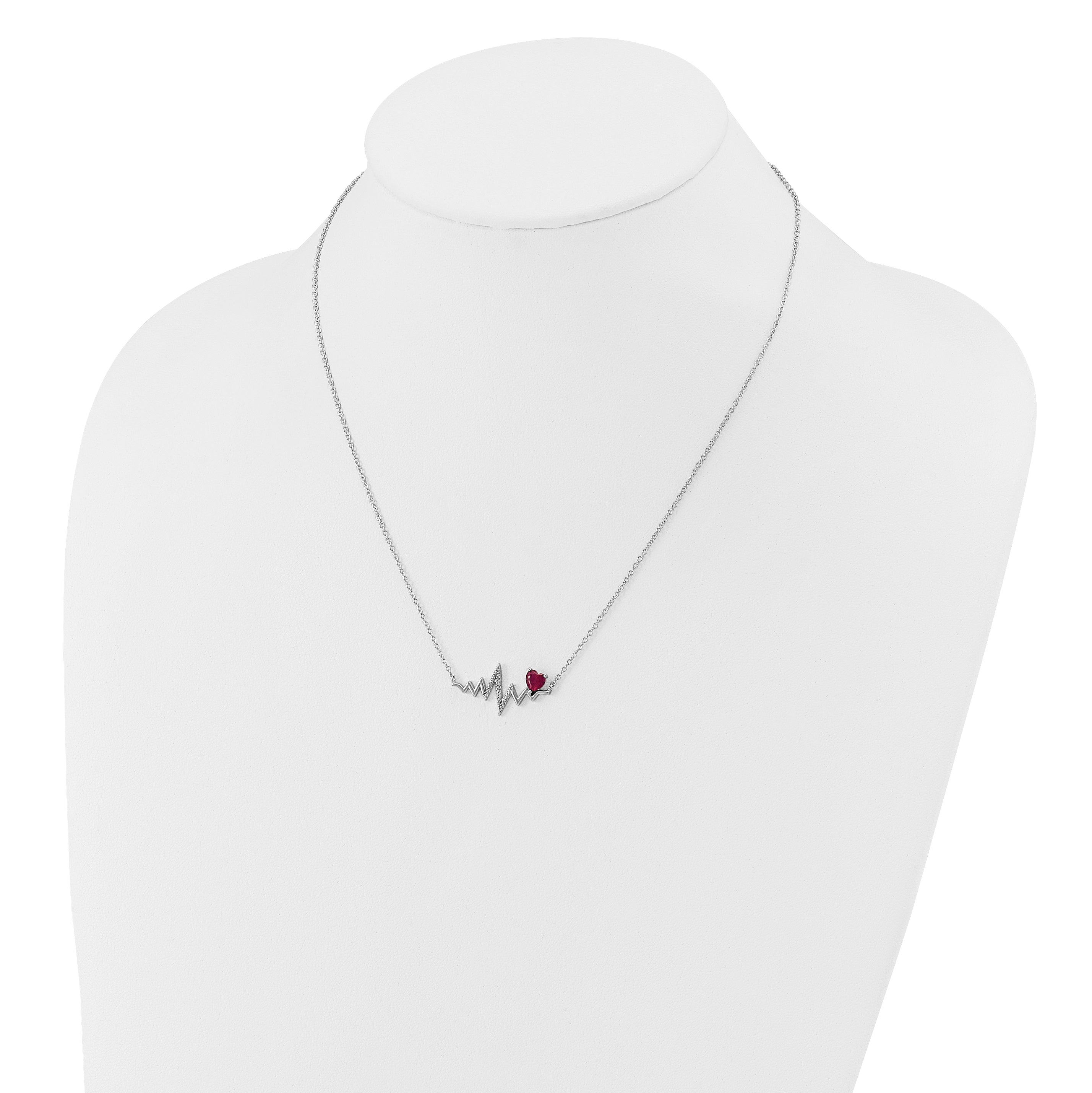 Cheryl M Sterling Silver Rhodium-plated Polished Lab Created Ruby and CZ Heartbeat Necklace