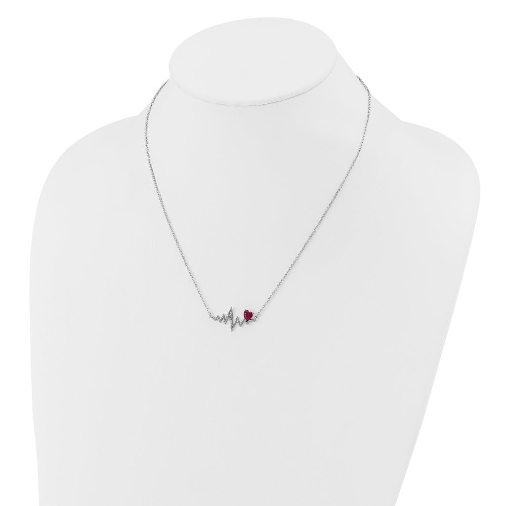 Cheryl M Sterling Silver Rhodium-plated Polished Lab Created Ruby and CZ Heartbeat Necklace