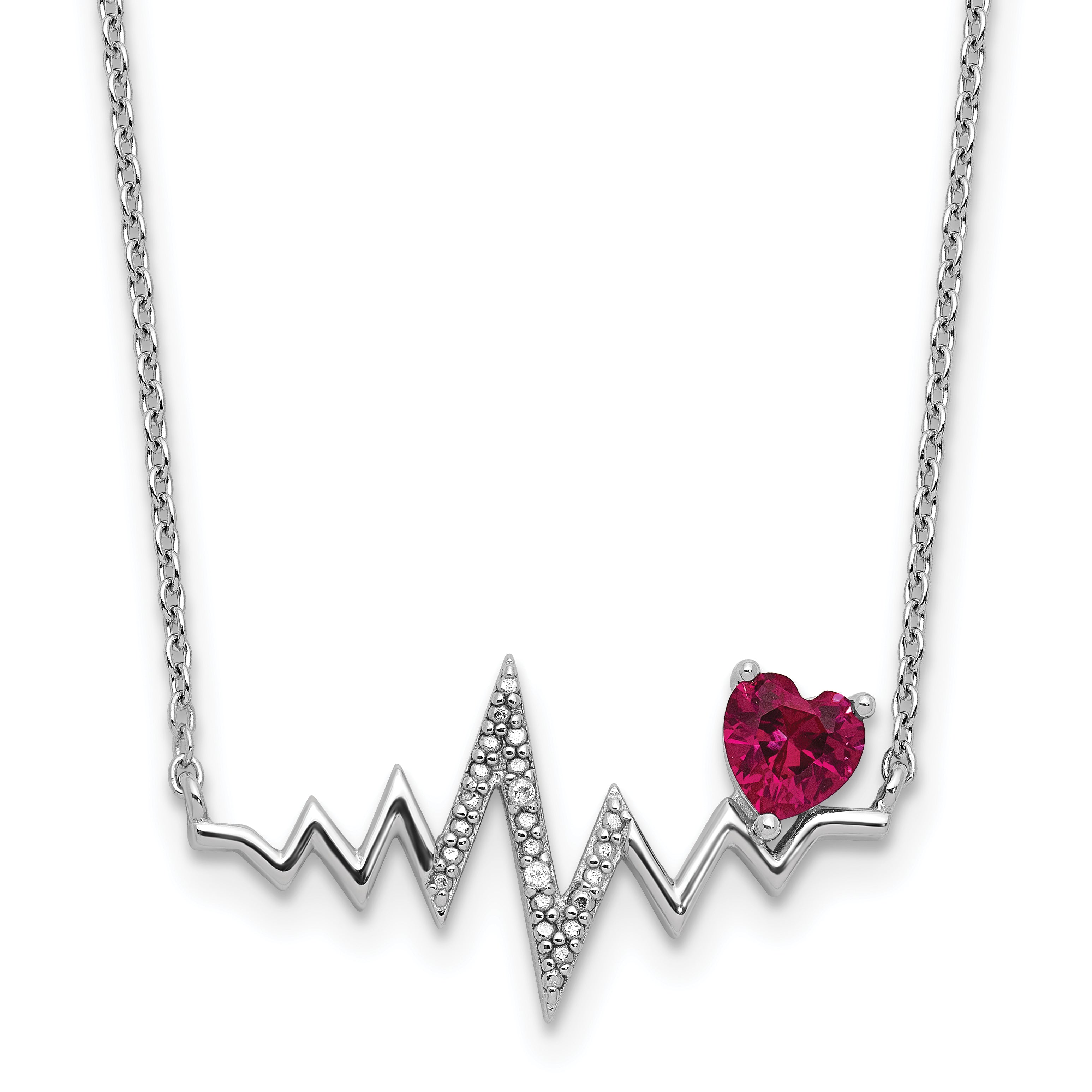 Cheryl M Sterling Silver Rhodium-plated Polished Lab Created Ruby and CZ Heartbeat Necklace Main image