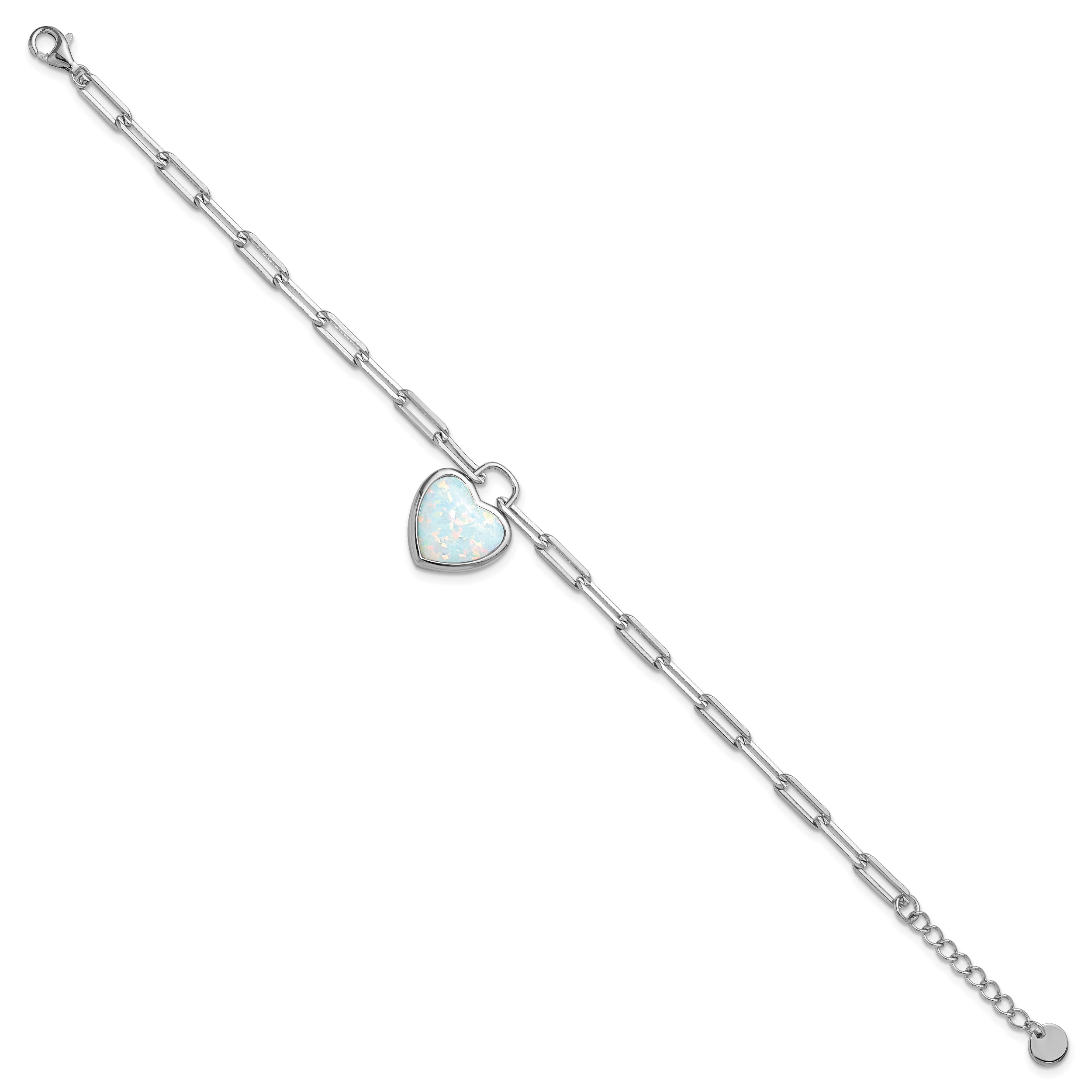 Cheryl M Sterling Silver Rhodium-plated Polished Created Opal Heart Paperclip Link with 1 Inch Extension Bracelet Secondary image