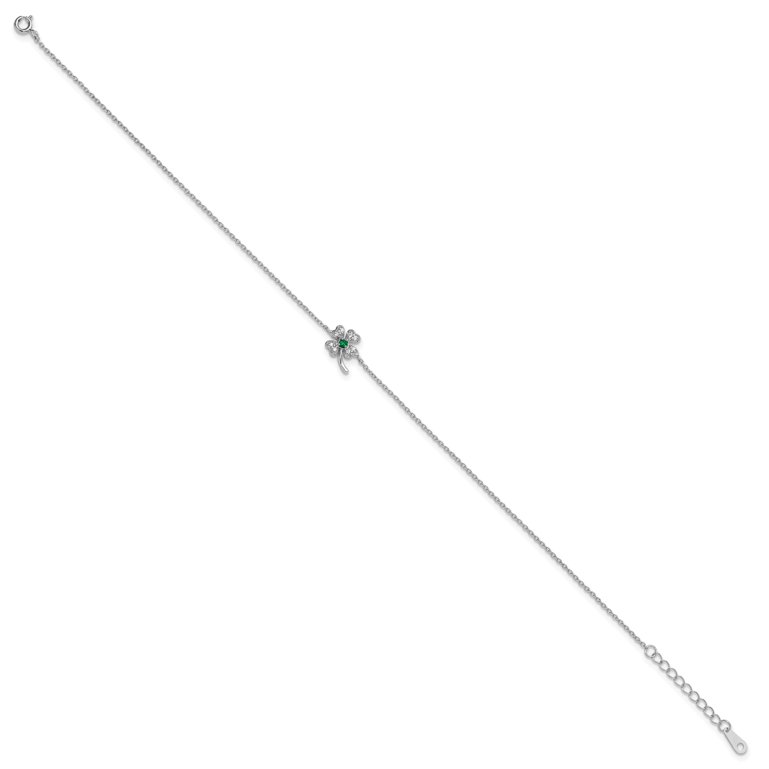 Cheryl M Sterling Silver Rhodium-plated Polished Green and White CZ Four Leaf Clover 9.5 Inch with 1 Inch Extension Anklet Secondary image