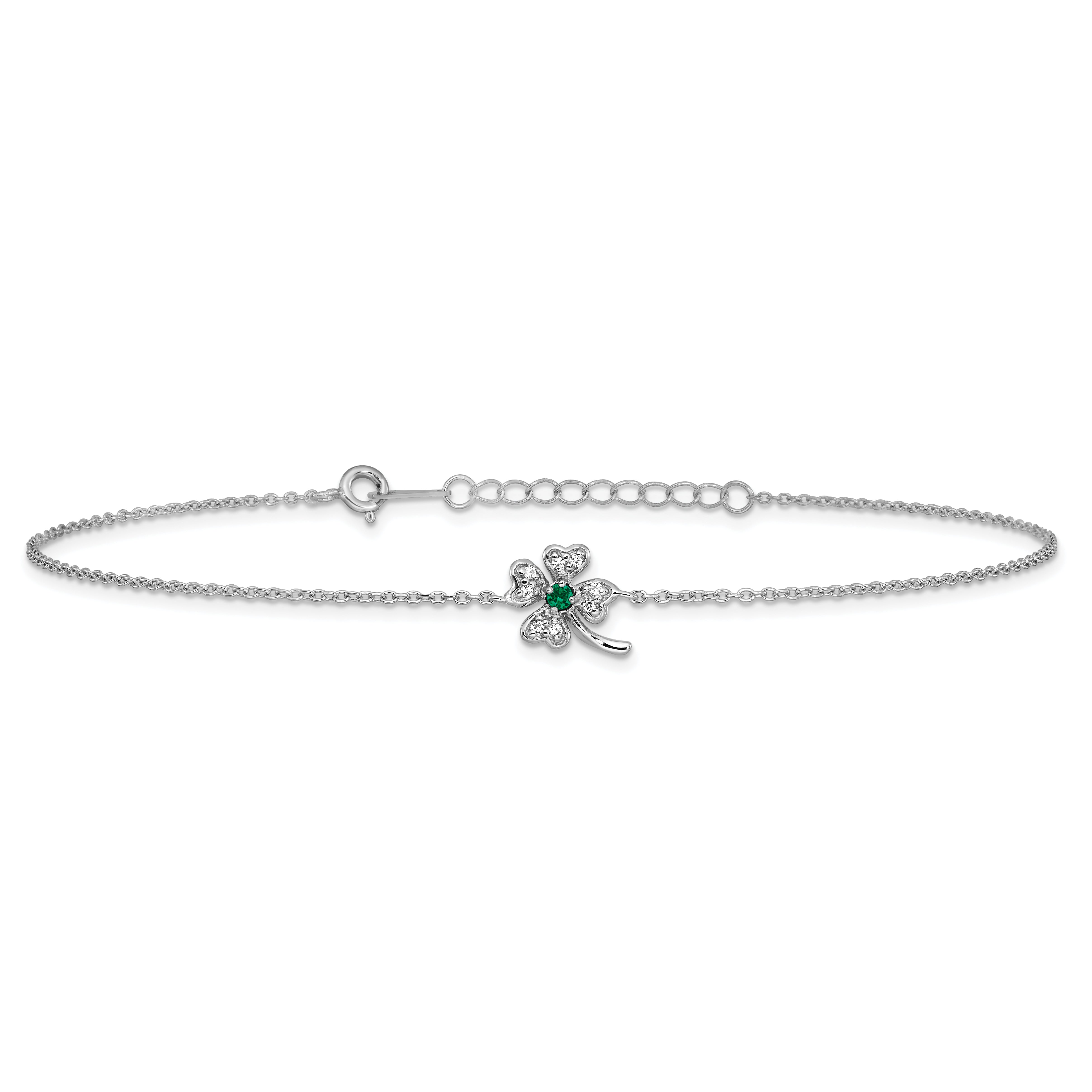 Cheryl M Sterling Silver Rhodium-plated Polished Green and White CZ Four Leaf Clover 9.5 Inch with 1 Inch Extension Anklet