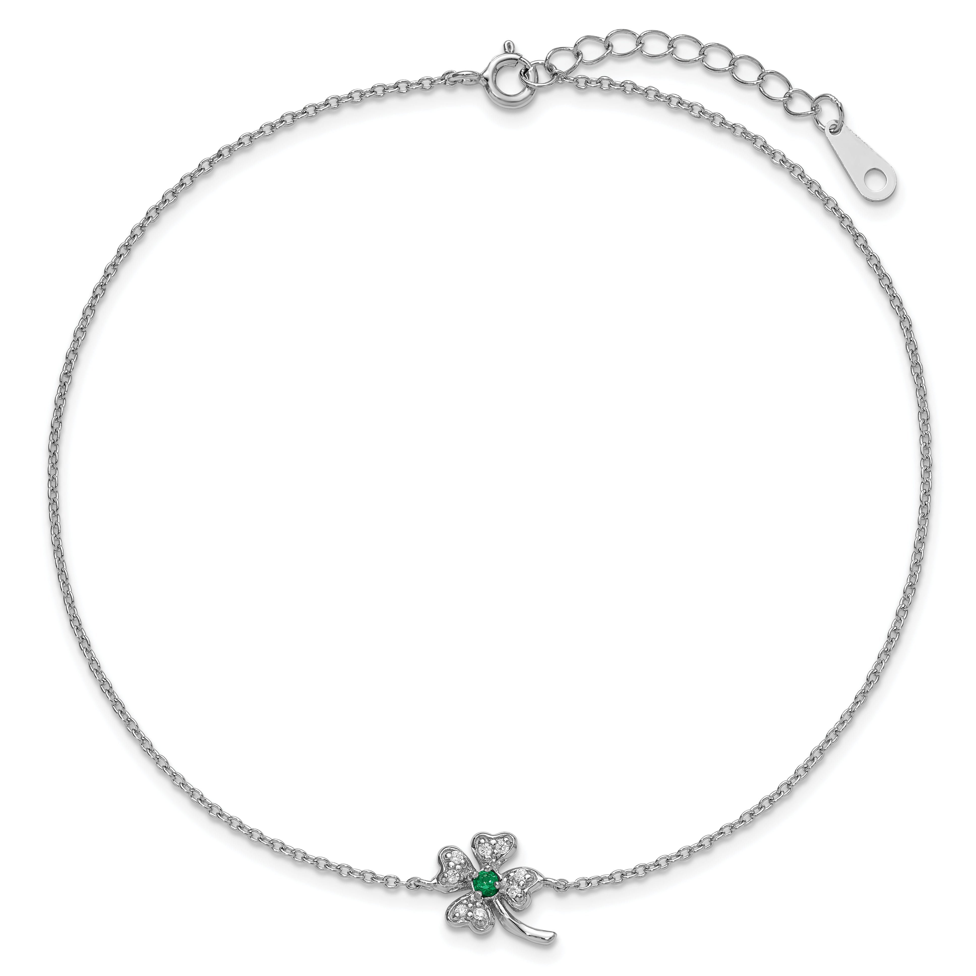 Cheryl M Sterling Silver Rhodium-plated Polished Green and White CZ Four Leaf Clover 9.5 Inch with 1 Inch Extension Anklet