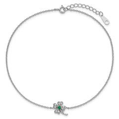Cheryl M Sterling Silver Rhodium-plated Polished Green and White CZ Four Leaf Clover 9.5 Inch with 1 Inch Extension Anklet