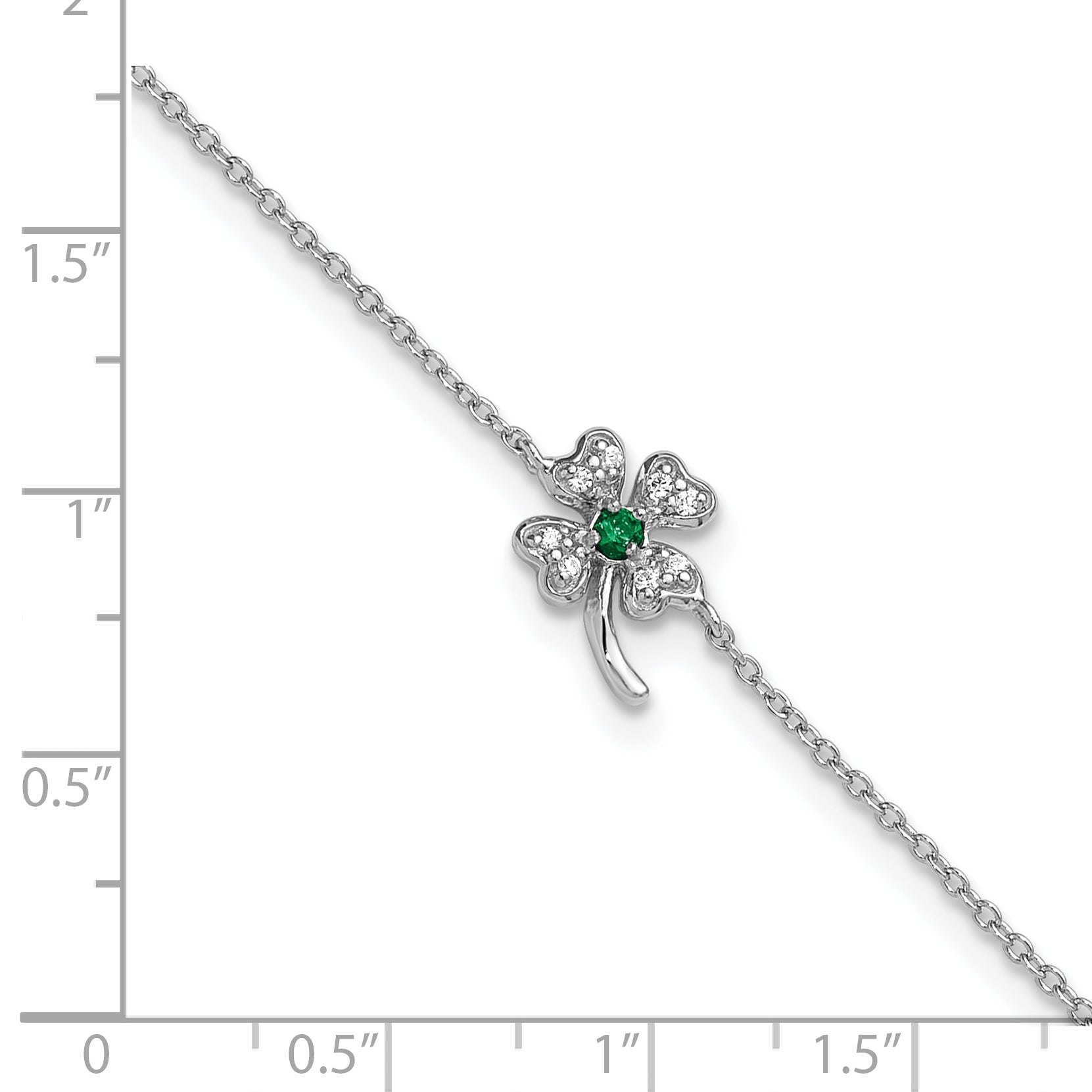 Cheryl M Sterling Silver Rhodium-plated Polished Green and White CZ Four Leaf Clover 9.5 Inch with 1 Inch Extension Anklet