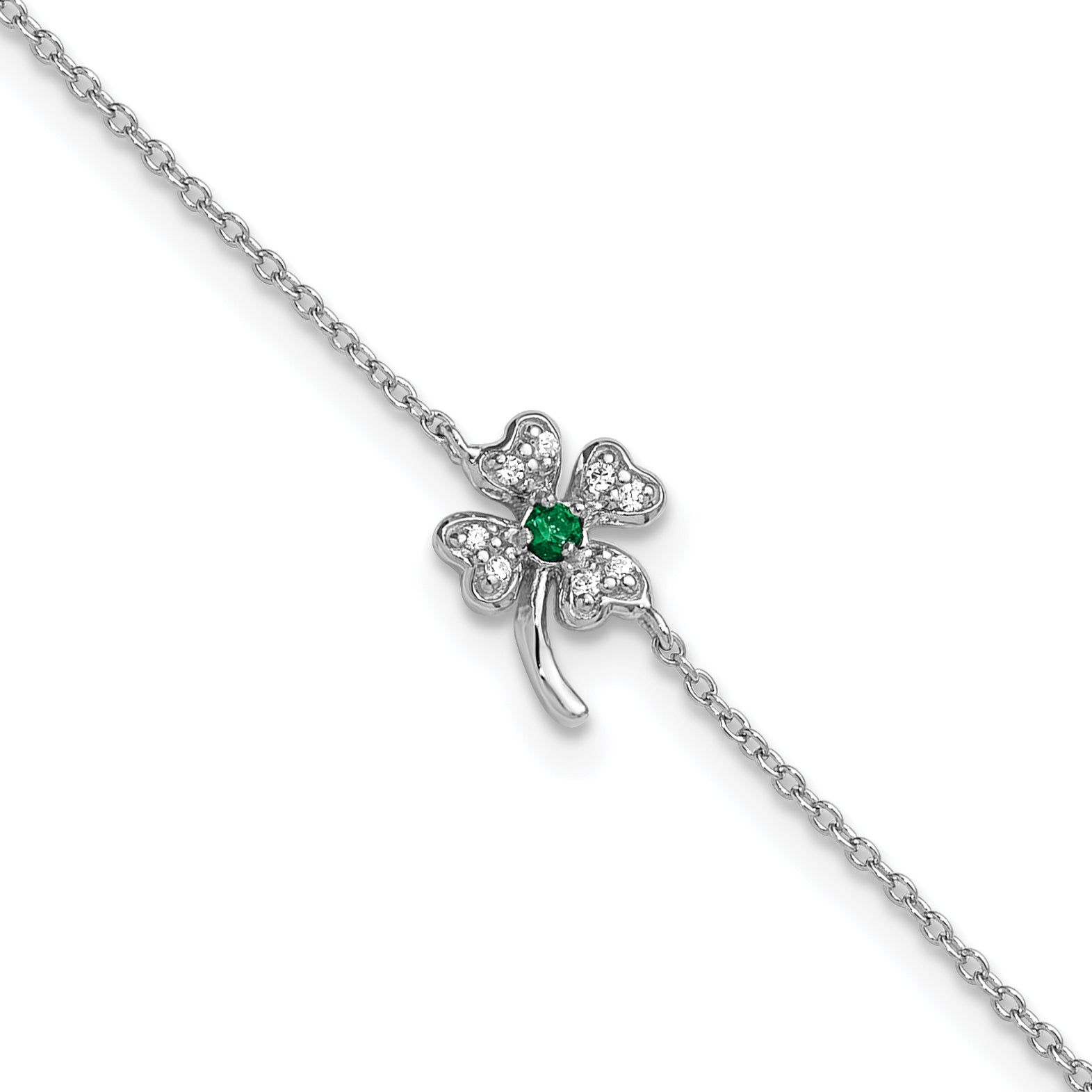 Cheryl M Sterling Silver Rhodium-plated Polished Green and White CZ Four Leaf Clover 9.5 Inch with 1 Inch Extension Anklet