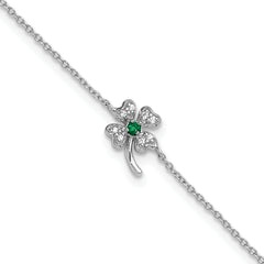 Cheryl M Sterling Silver Rhodium-plated Polished Green and White CZ Four Leaf Clover 9.5 Inch with 1 Inch Extension Anklet