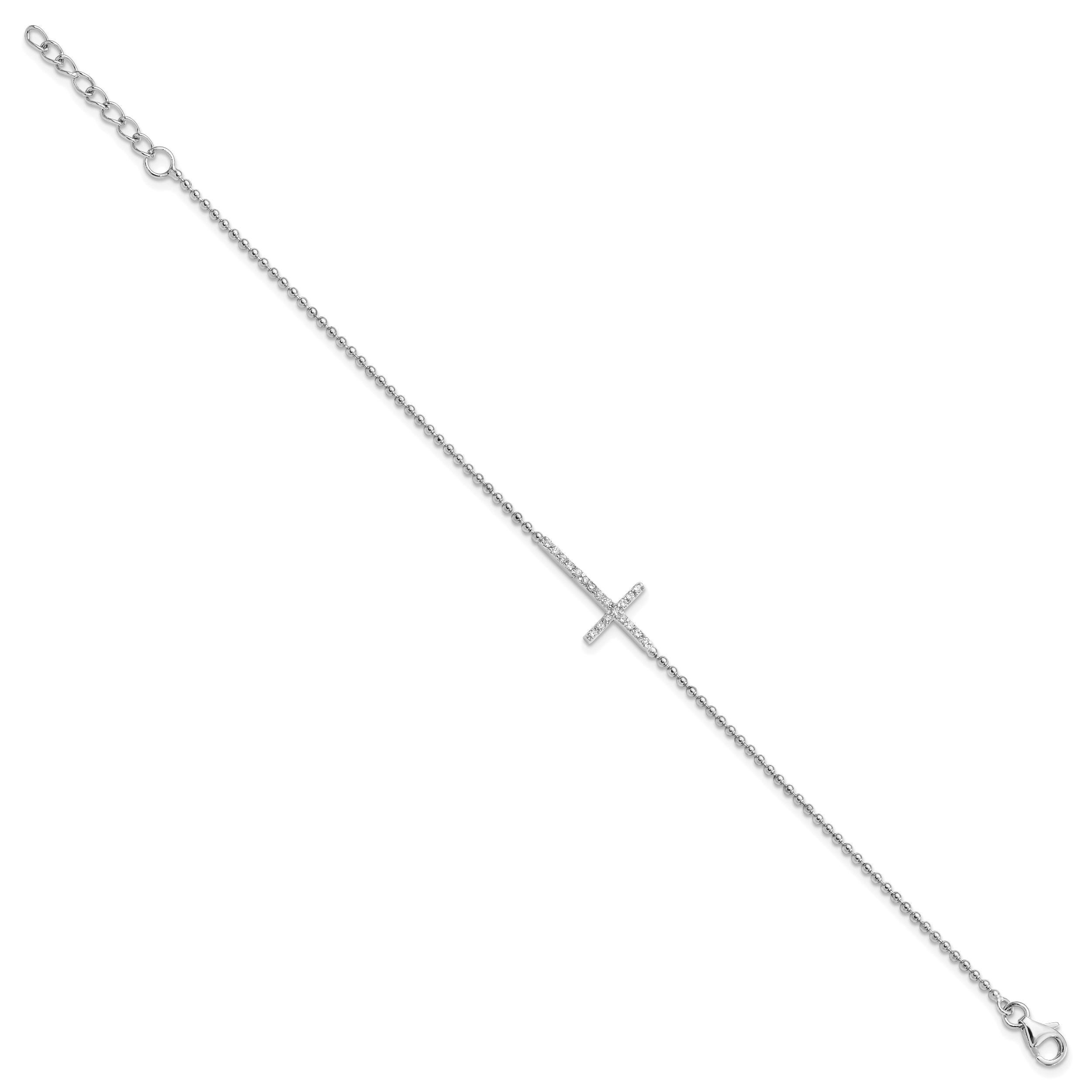 Cheryl M Sterling Silver Rhodium-plated Polished and Beaded CZ Cross 9.5 Inch with 1 Inch Extension Anklet Secondary image
