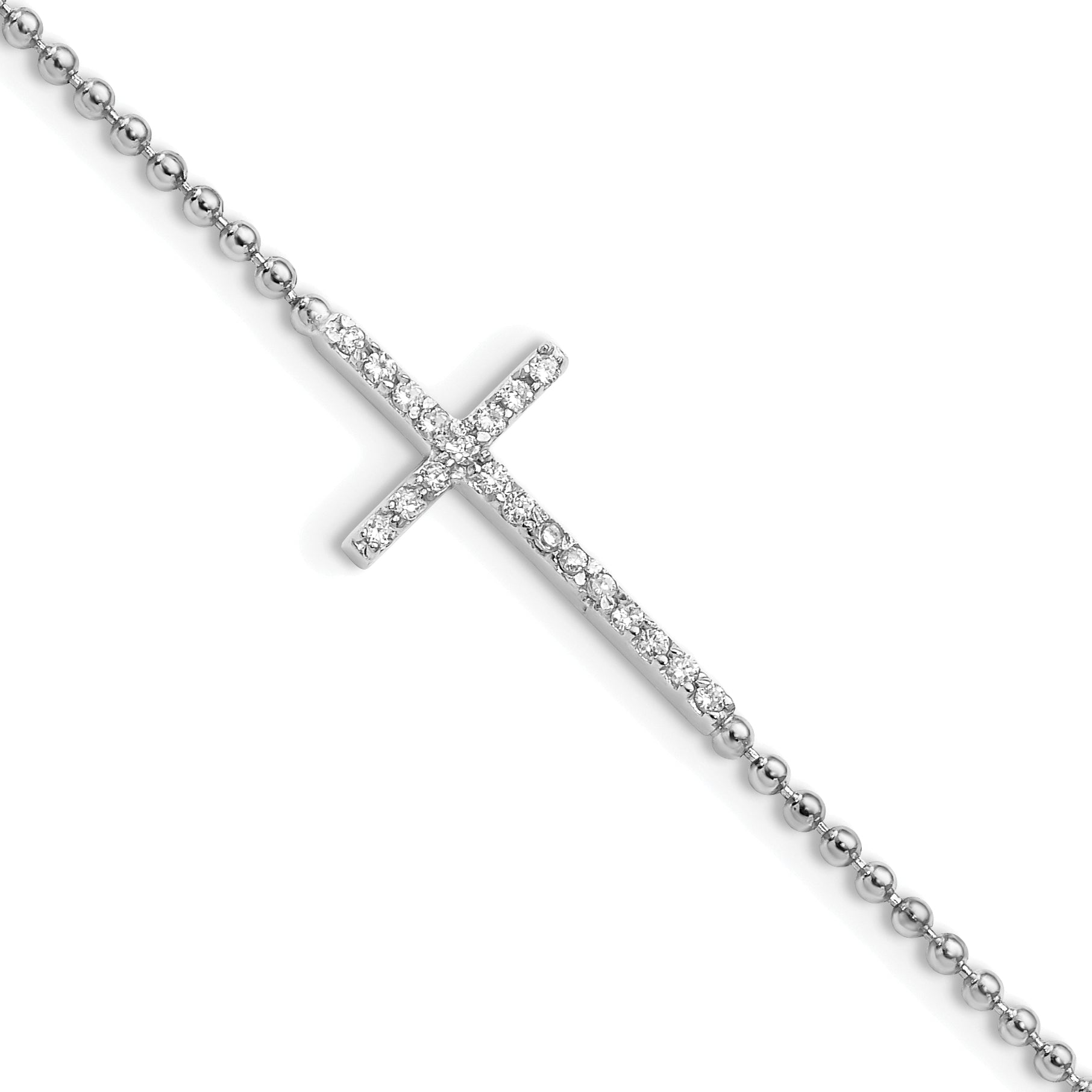 Cheryl M Sterling Silver Rhodium-plated Polished and Beaded CZ Cross 9.5 Inch with 1 Inch Extension Anklet Main image