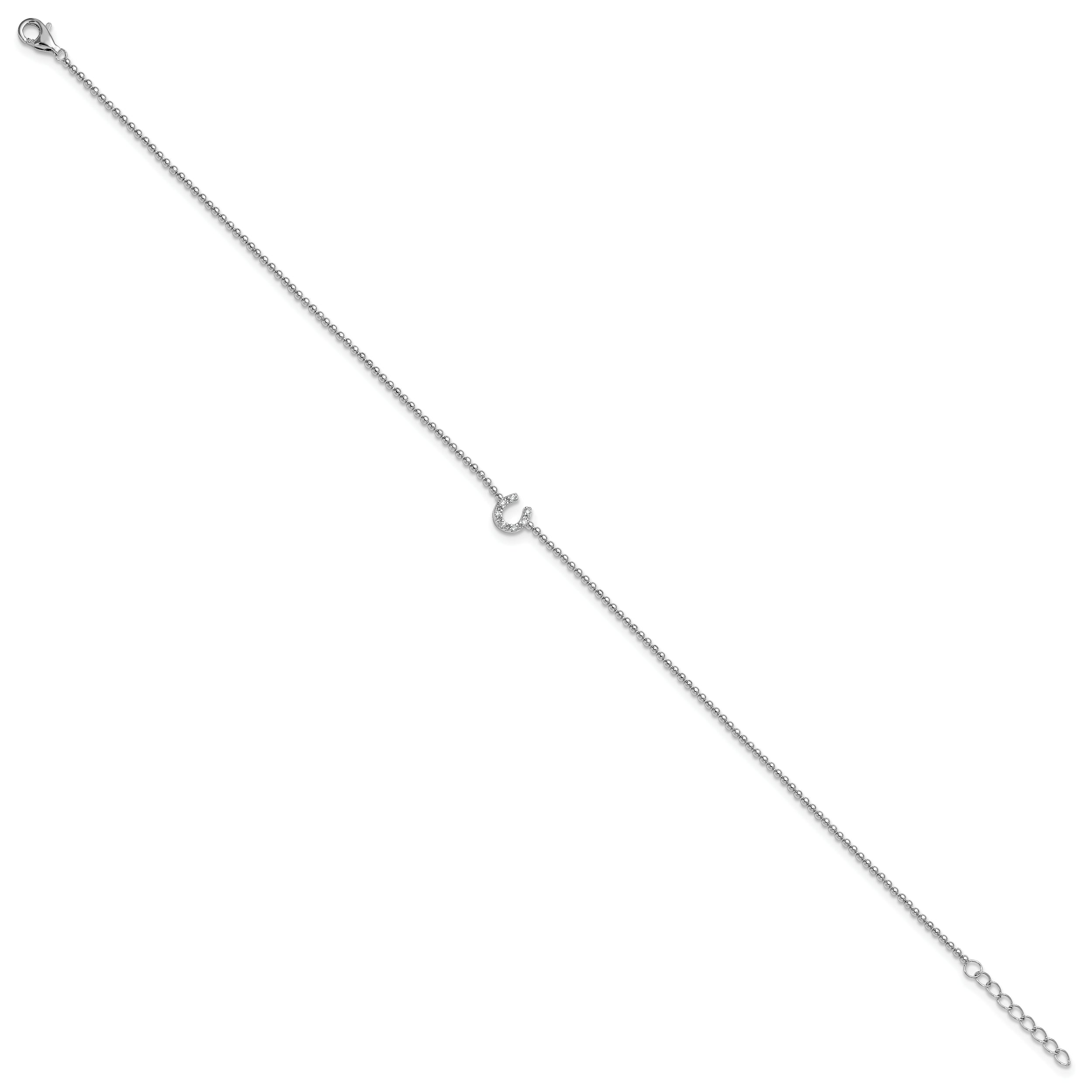 Cheryl M Sterling Silver Rhodium-plated Polished and Beaded CZ Horseshoe 9.5 Inch with 1 Inch Extension Anklet