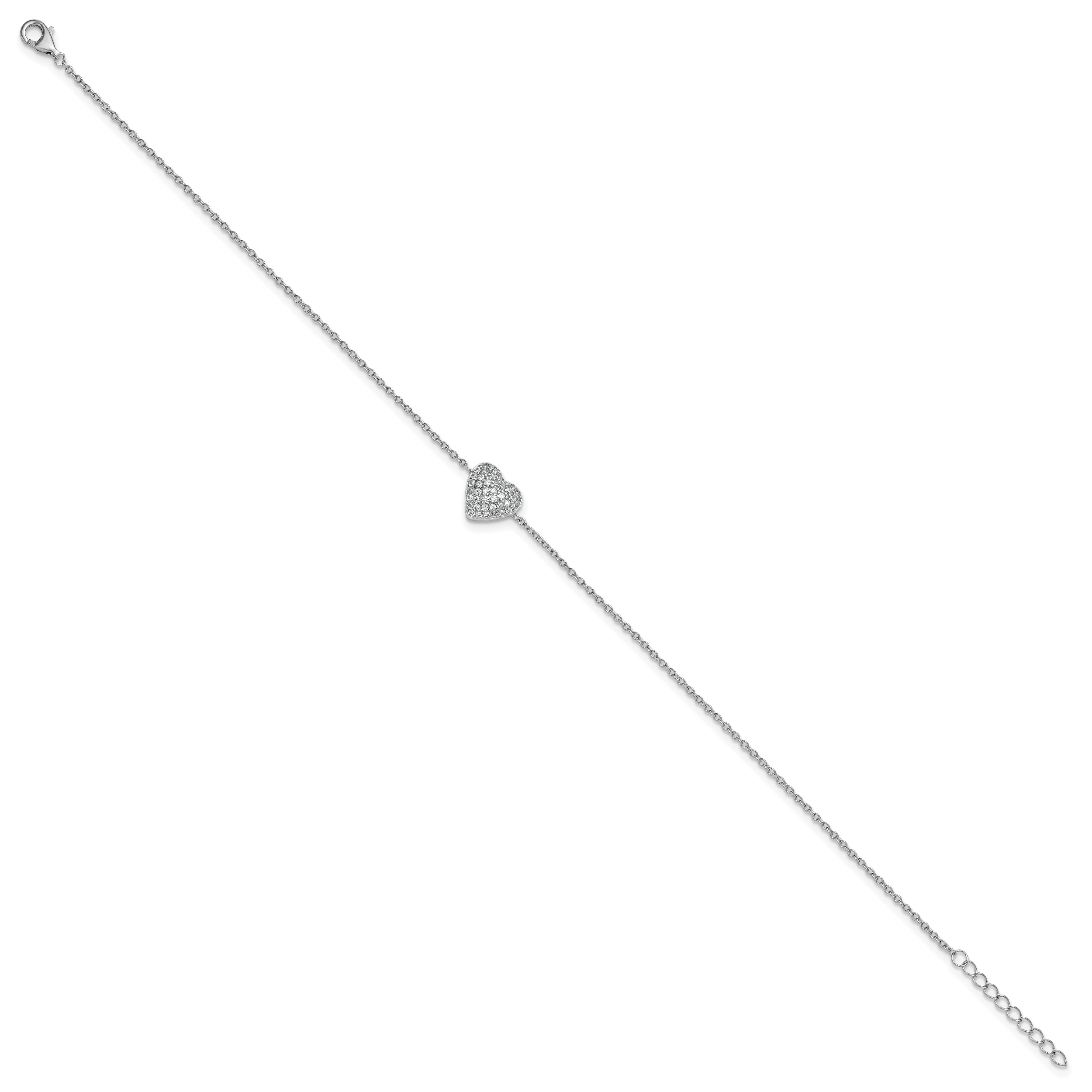 Cheryl M Sterling Silver Rhodium-plated Polished Pave CZ Heart 9.5 Inch with 1 Inch Extension Anklet
