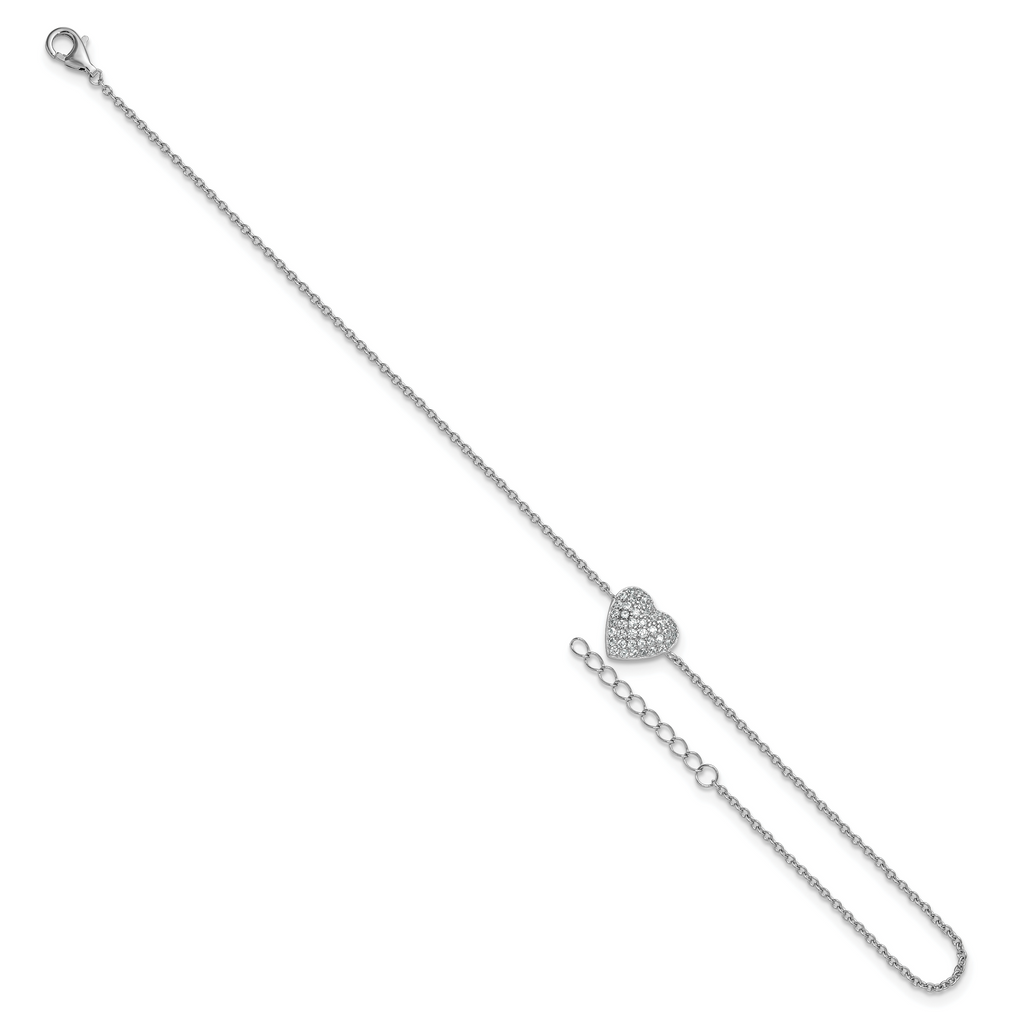 Cheryl M Sterling Silver Rhodium-plated Polished Pave CZ Heart 9.5 Inch with 1 Inch Extension Anklet