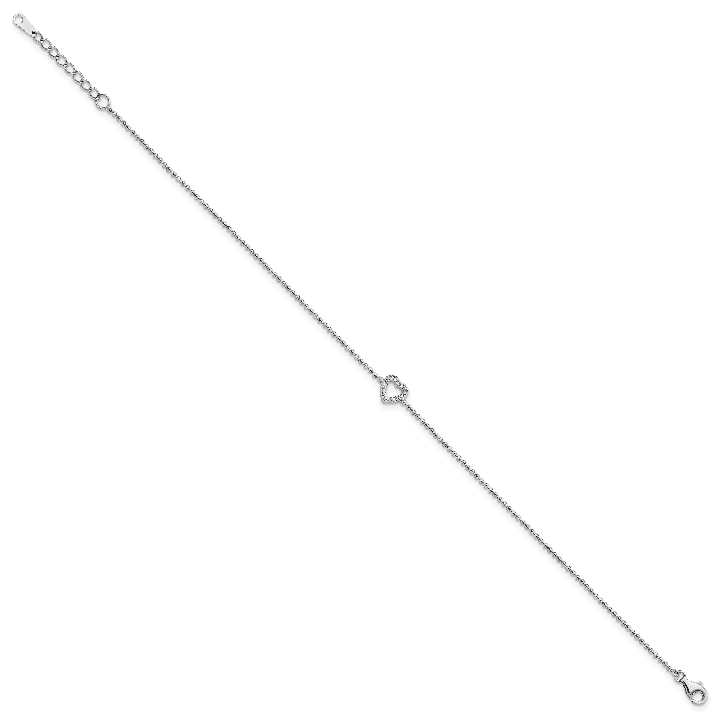 Cheryl M Sterling Silver Rhodium-plated Polished and Beaded CZ Heart 9.5 Inch with 1 Inch Extension Anklet Secondary image