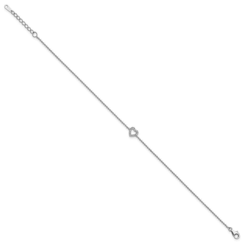 Cheryl M Sterling Silver Rhodium-plated Polished and Beaded CZ Heart 9.5 Inch with 1 Inch Extension Anklet