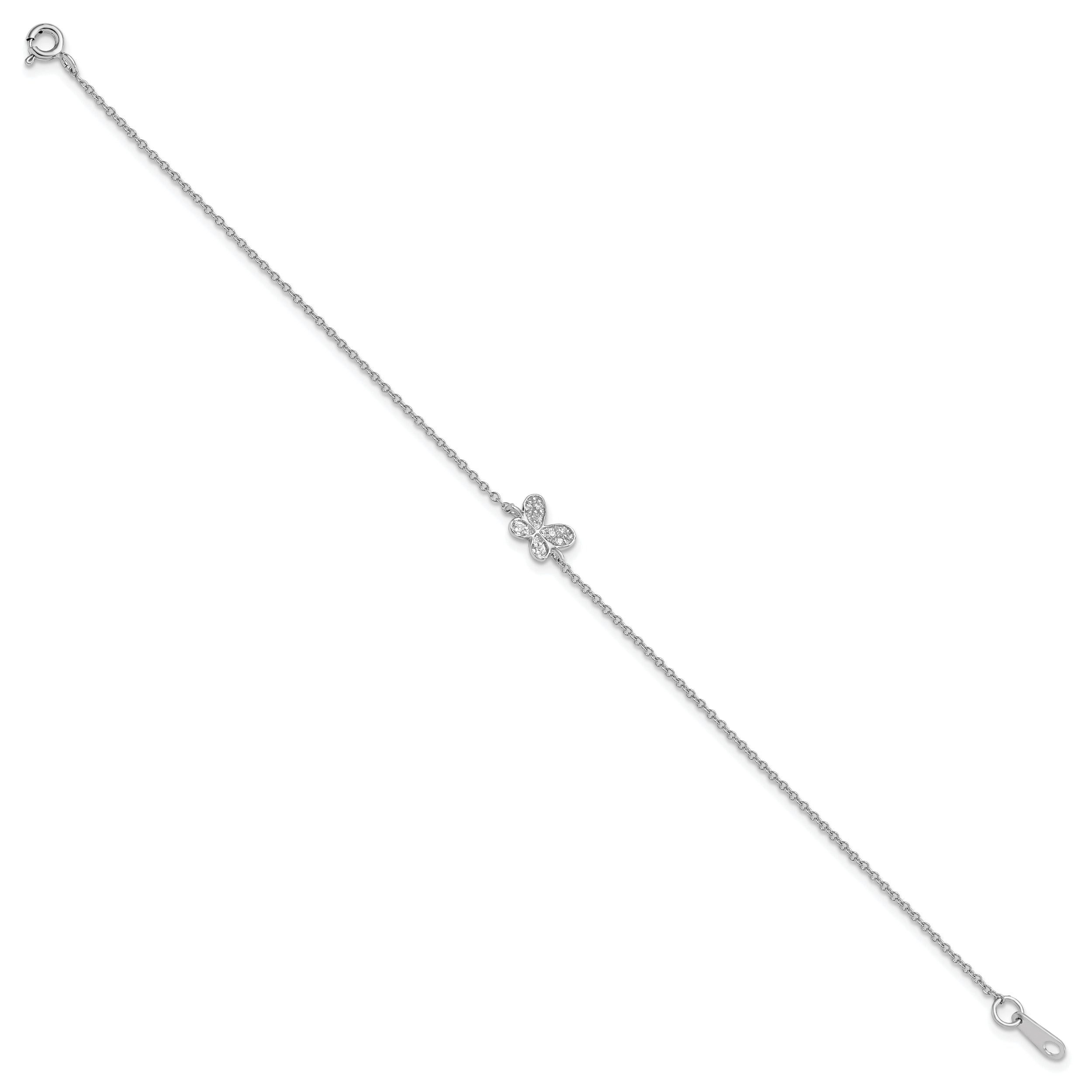 Cheryl M Sterling Silver Rhodium-plated Polished CZ Butterfly 9.5 Inch with 1 Inch Extension Anklet
