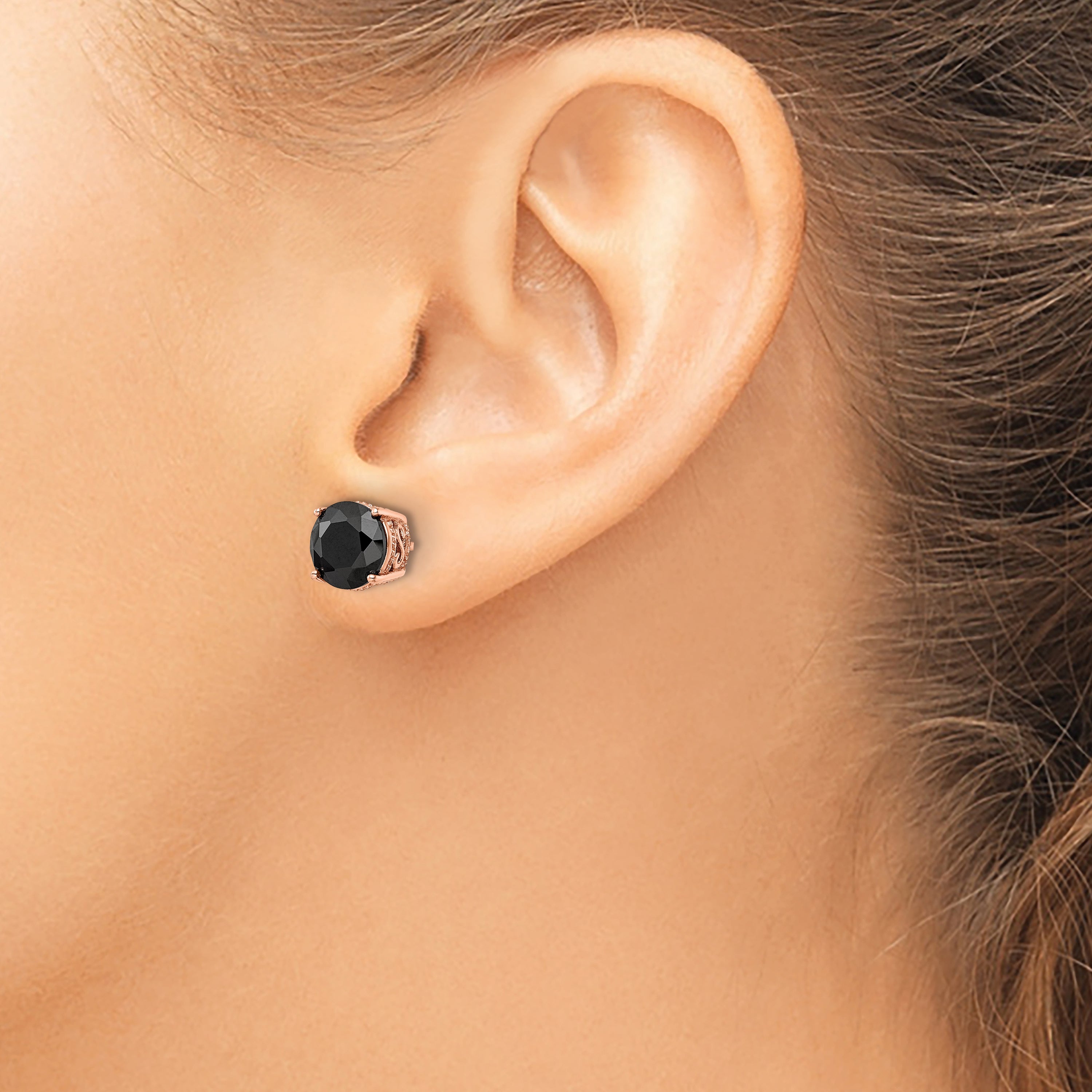 Cheryl M Sterling Silver Rose Gold-plated Polished Black CZ Stud Earrings