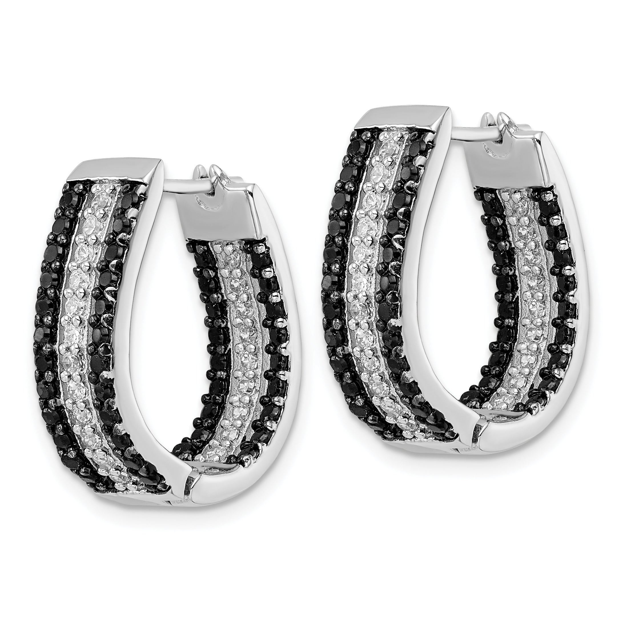 Cheryl M Sterling Silver Rhodium-plated Polished Black and White CZ Oval In and Out Hoop Earrings