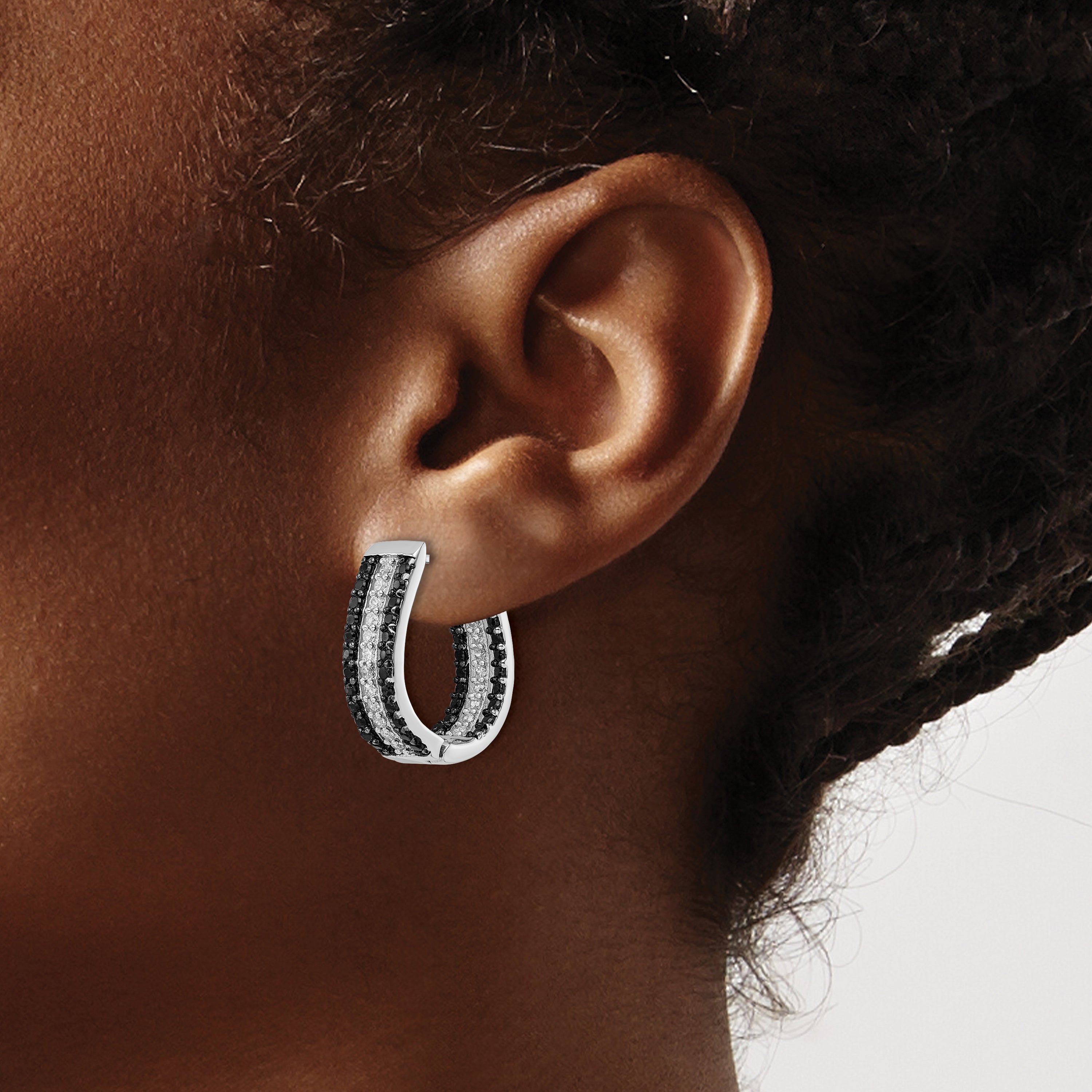 Cheryl M Sterling Silver Rhodium-plated Polished Black and White CZ Oval In and Out Hoop Earrings