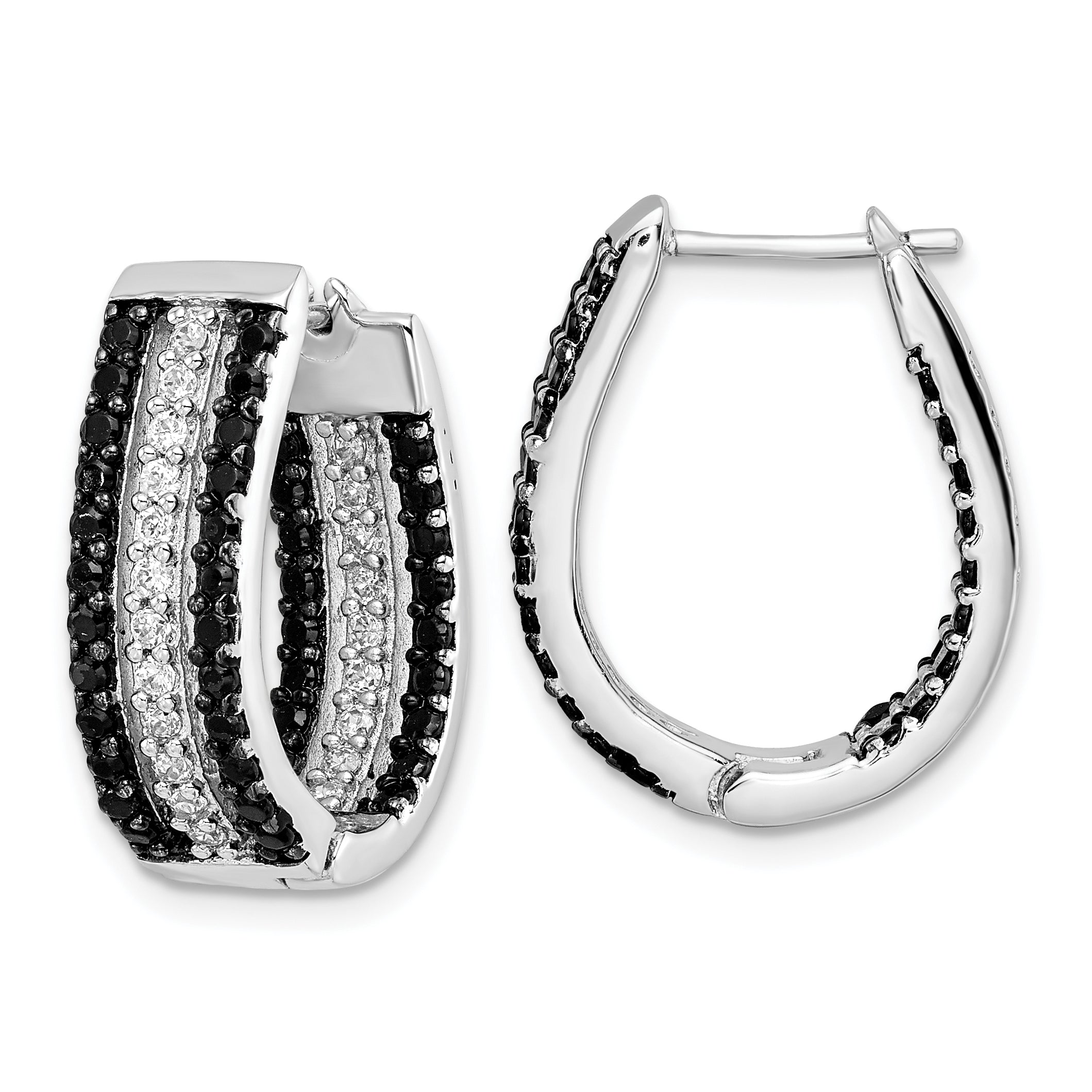 Cheryl M Sterling Silver Rhodium-plated Polished Black and White CZ Oval In and Out Hoop Earrings Main image