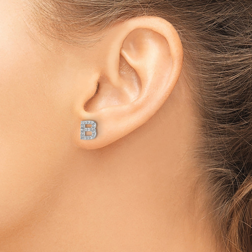 Cheryl M Sterling Silver Rhodium-plated Polished Letter B CZ Initial Post Earrings