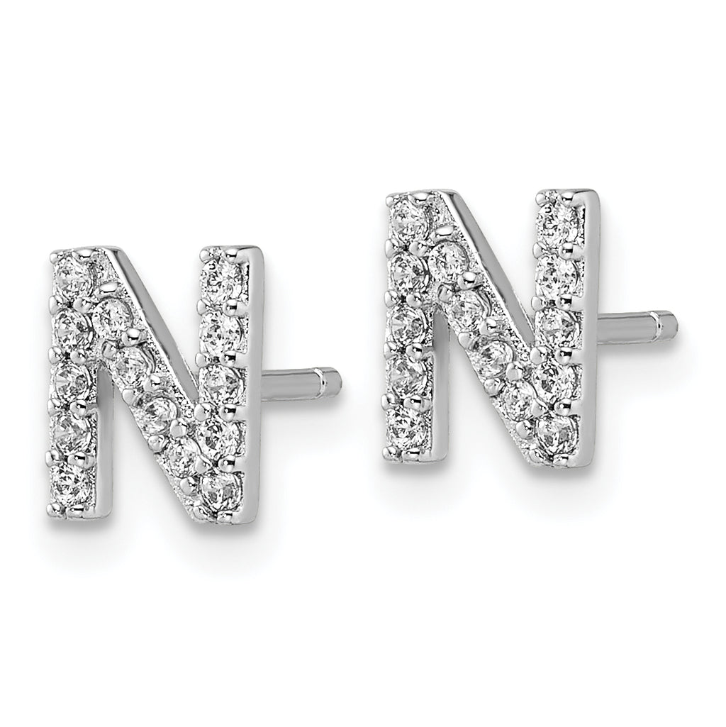 Cheryl M Sterling Silver Rhodium-plated Polished Letter N CZ Initial Post Earrings