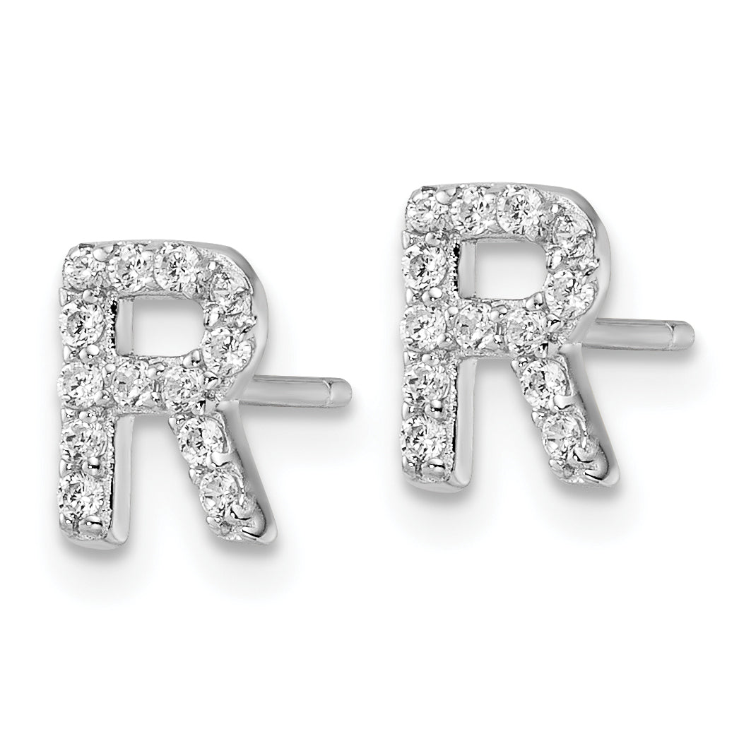 Cheryl M Sterling Silver Rhodium-plated Polished Letter R CZ Initial Post Earrings Secondary image