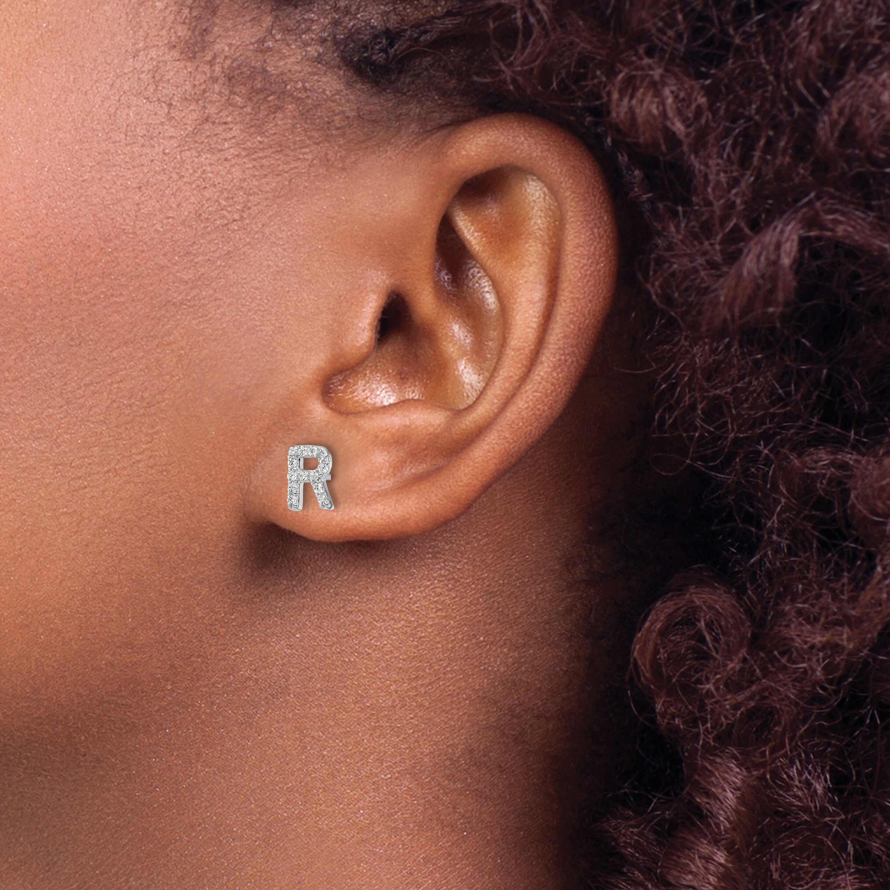 Cheryl M Sterling Silver Rhodium-plated Polished Letter R CZ Initial Post Earrings