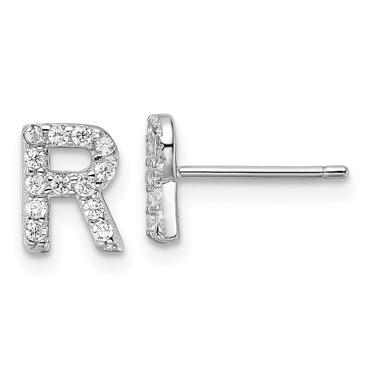 Cheryl M Sterling Silver Rhodium-plated Polished Letter R CZ Initial Post Earrings