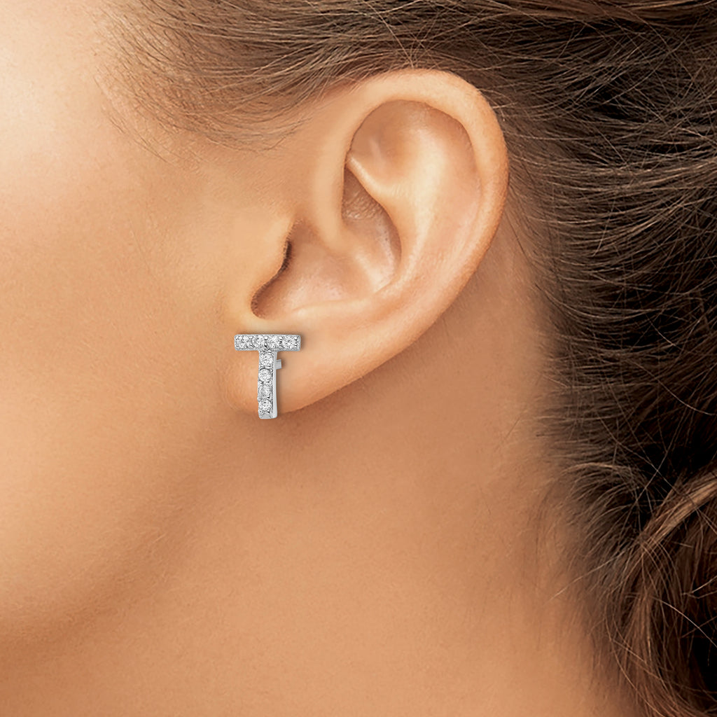 Cheryl M Sterling Silver Rhodium-plated Polished Letter T CZ Initial Post Earrings