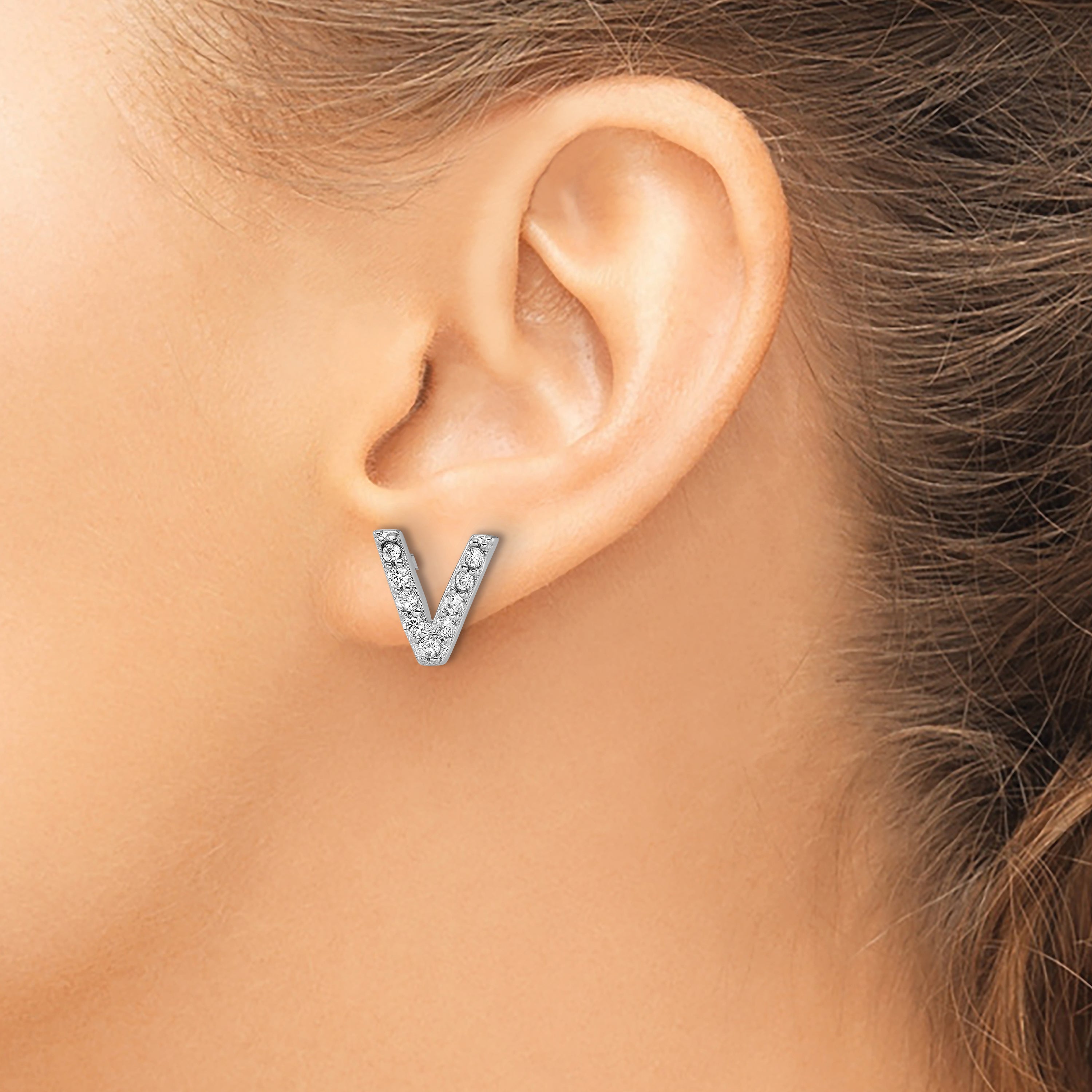 Cheryl M Sterling Silver Rhodium-plated Polished Letter V CZ Initial Post Earrings