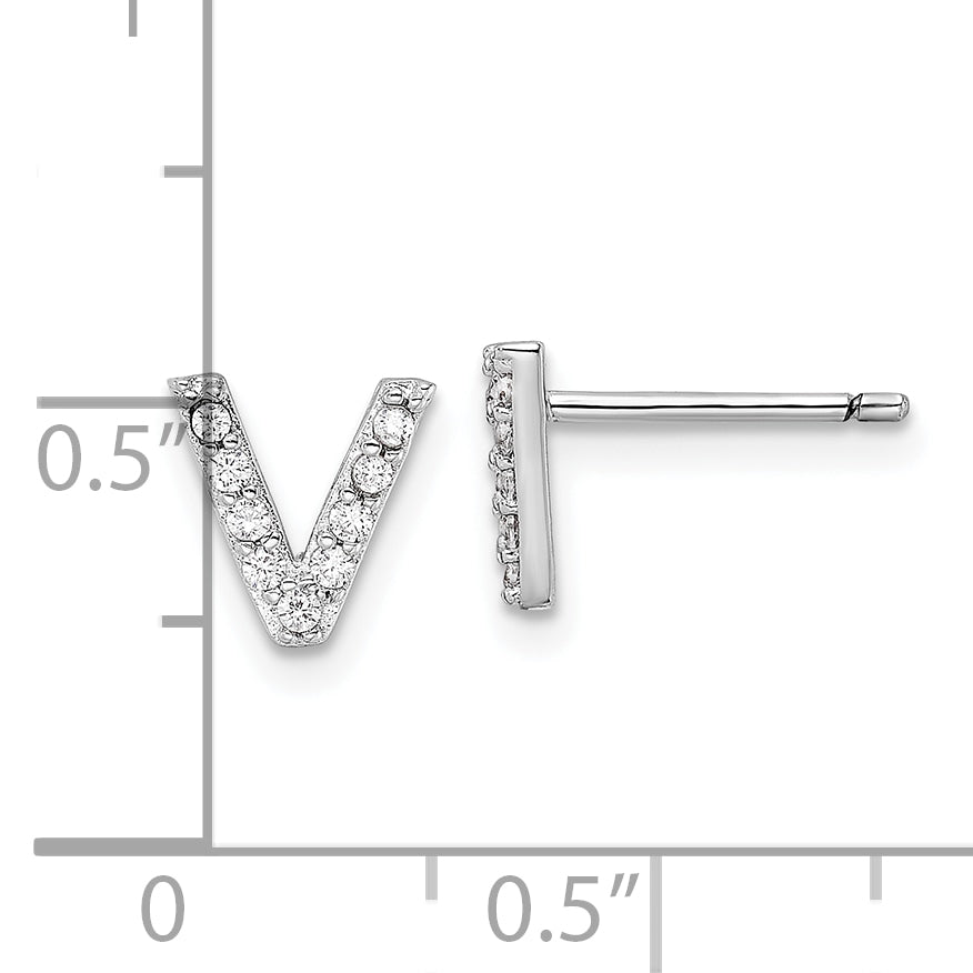 Cheryl M Sterling Silver Rhodium-plated Polished Letter V CZ Initial Post Earrings