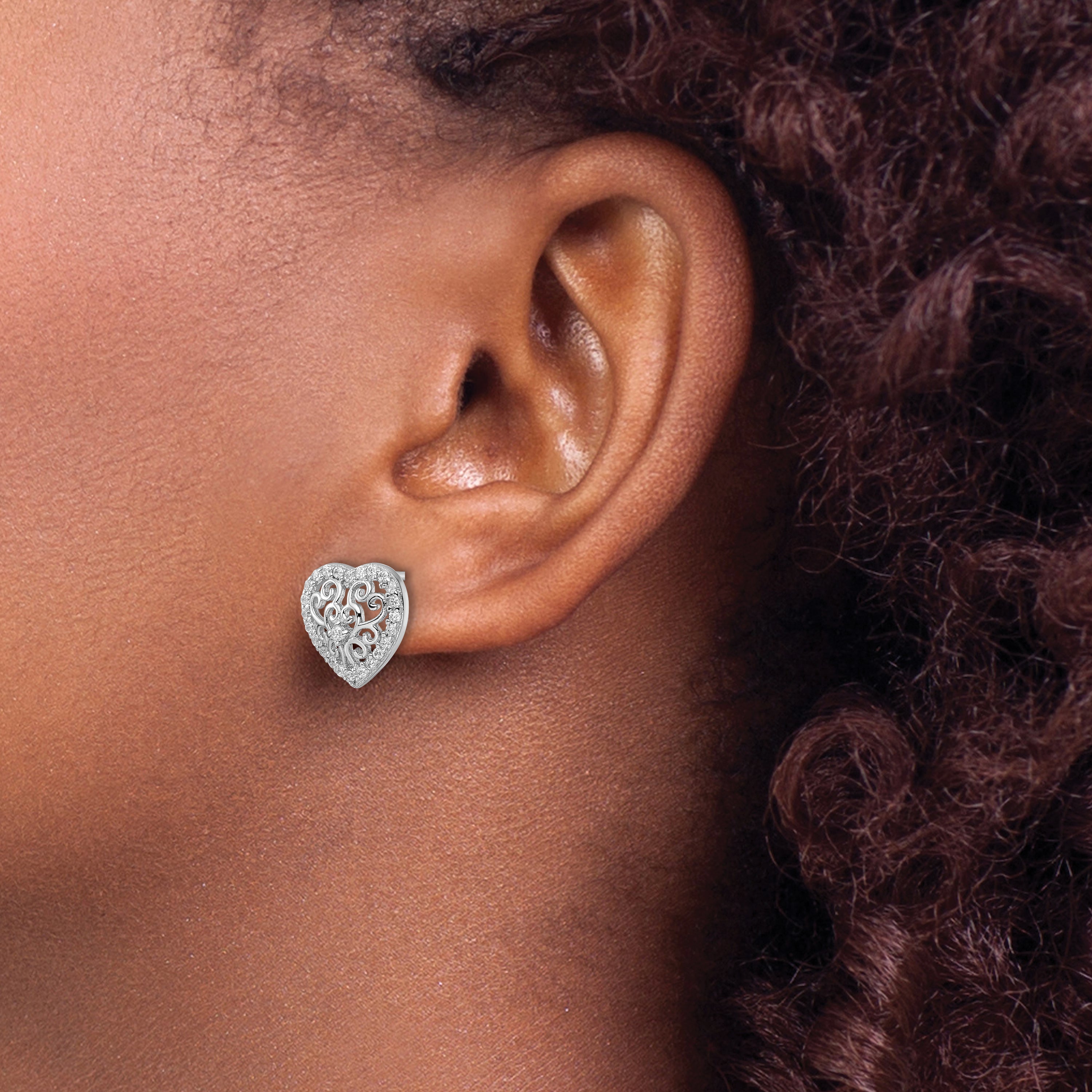 Cheryl M Sterling Silver Rhodium-plated Polished CZ Filigree Heart Post Earrings