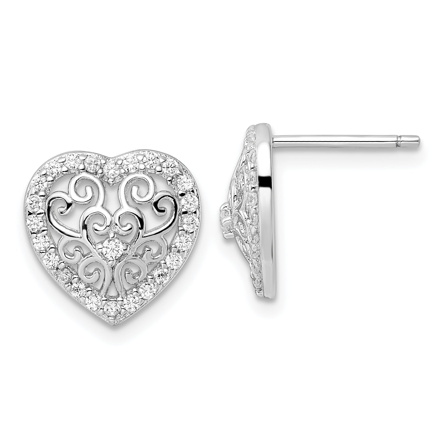 Cheryl M Sterling Silver Rhodium-plated Polished CZ Filigree Heart Post Earrings