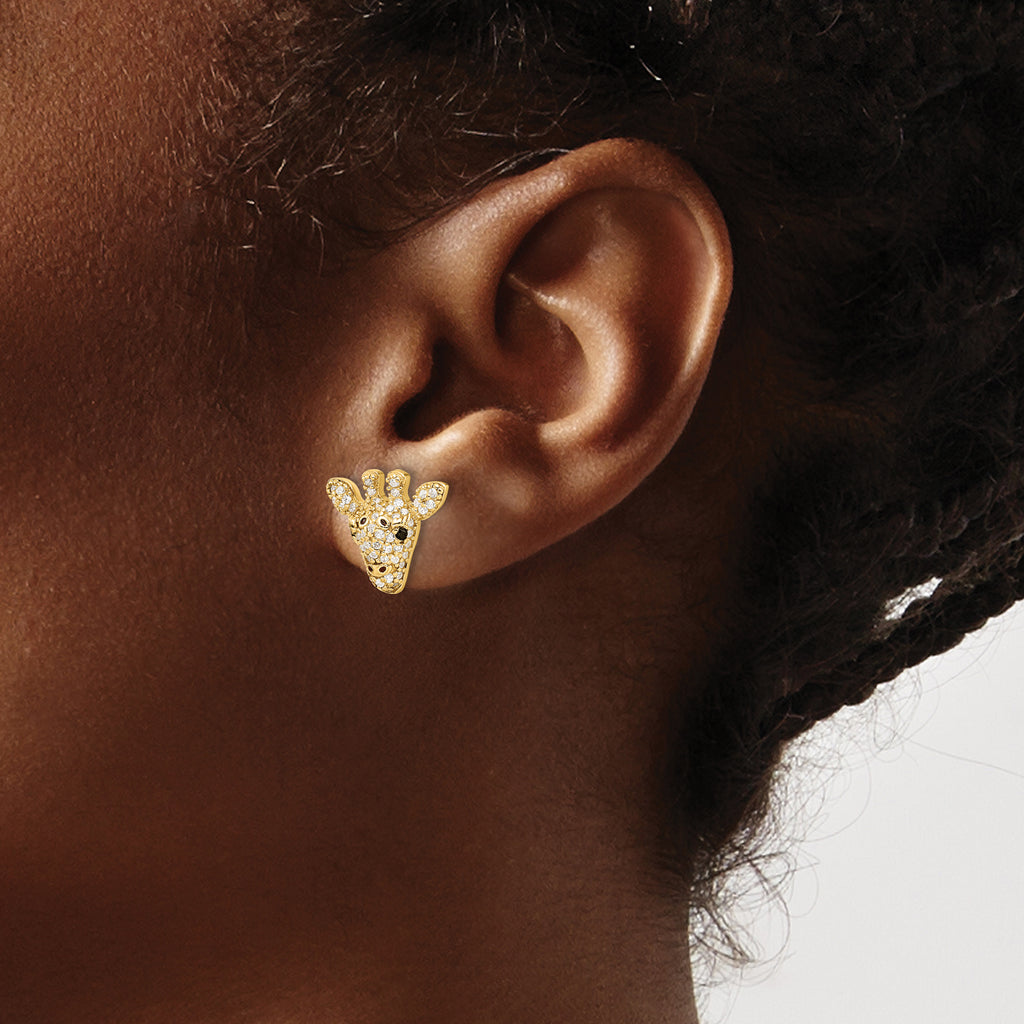 Cheryl M Sterling Silver Gold-plated Polished Black and White CZ and Black Enamel Giraffe Post Earrings