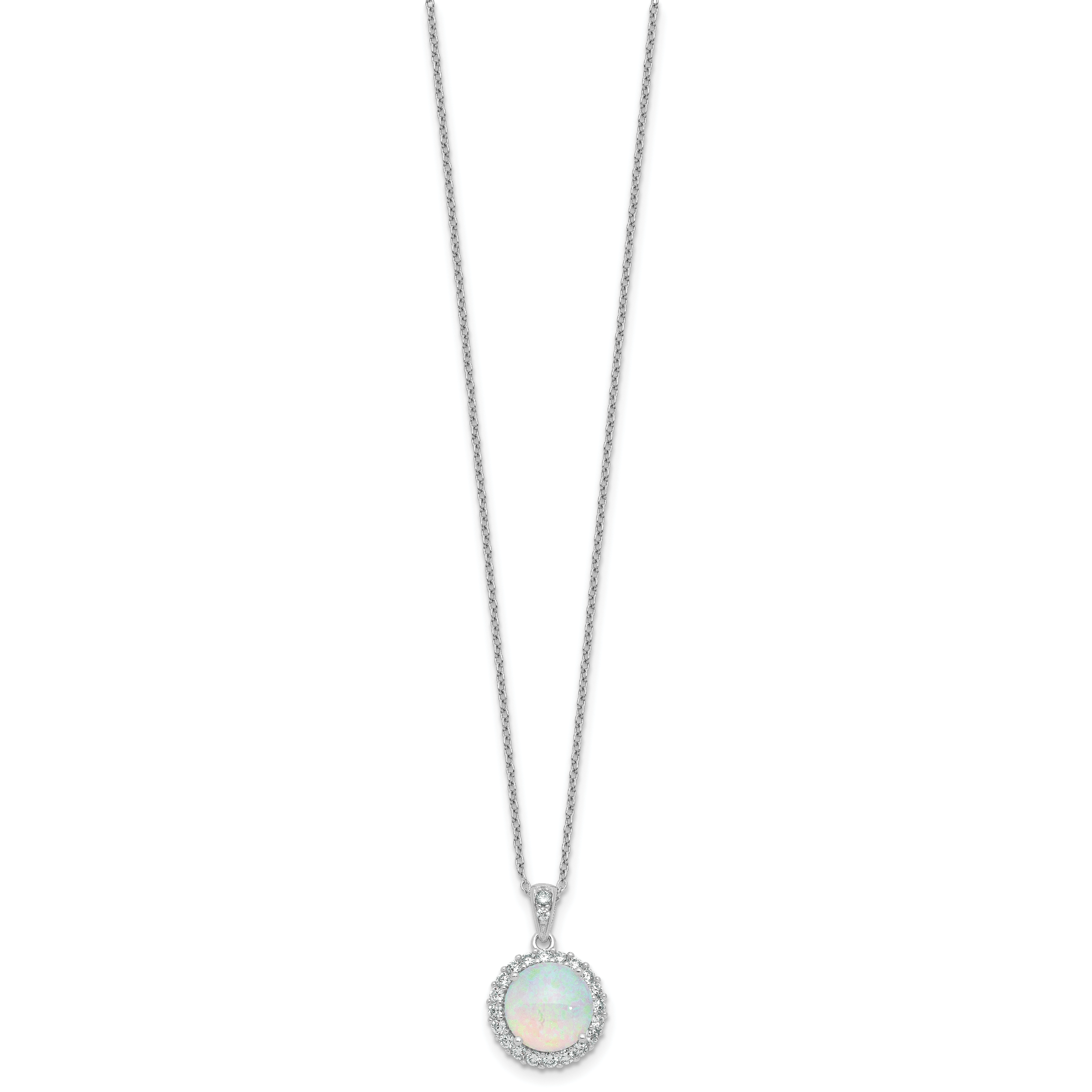 Cheryl M Sterling Silver Rhodium-plated Polished Lab Created Opal and CZ Halo Circle 16 Inch with 2 Inch Extension Necklace