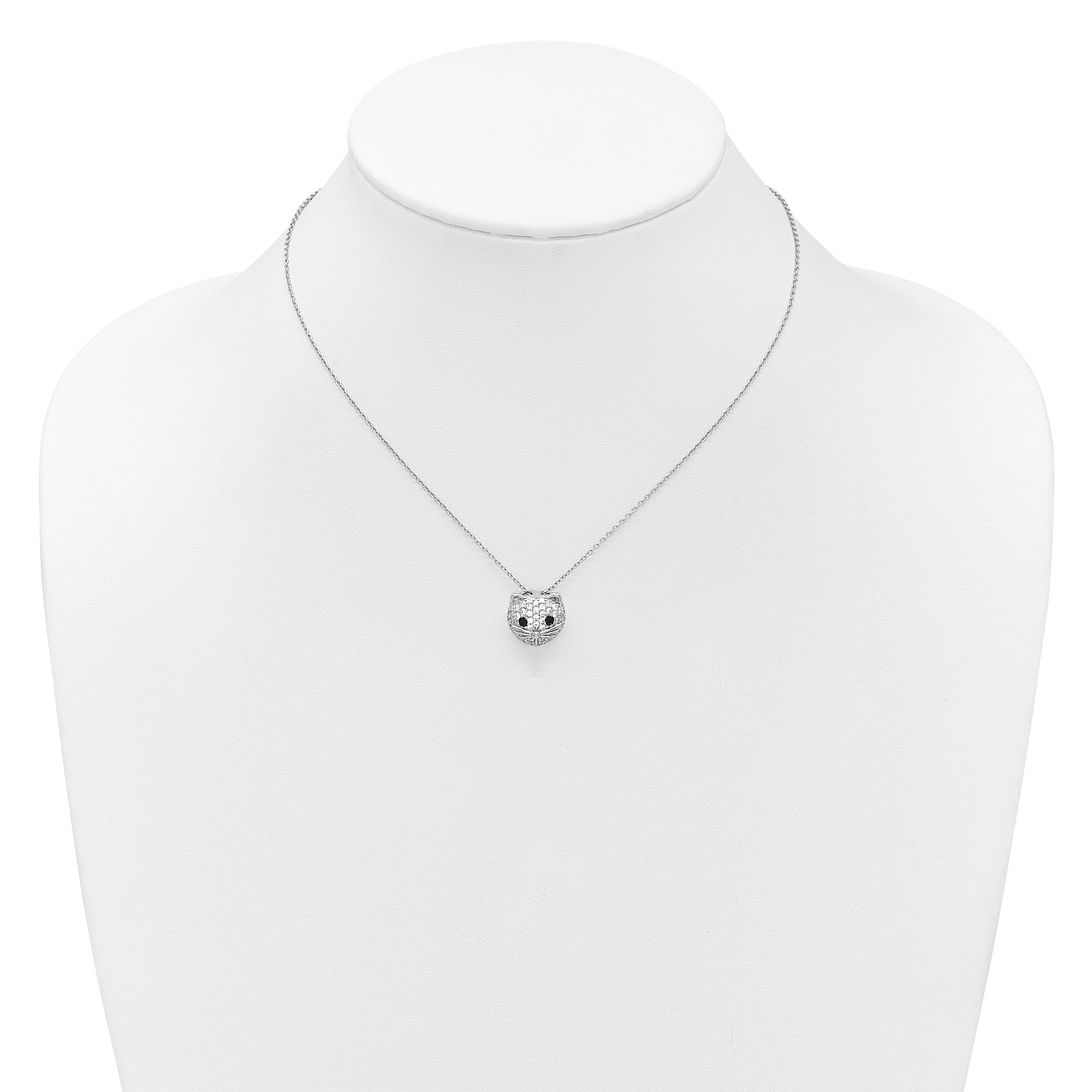 Cheryl M Sterling Silver Rhodium-plated Polished Black and White CZ Cat 16 Inch with 2 Inch Extension Necklace