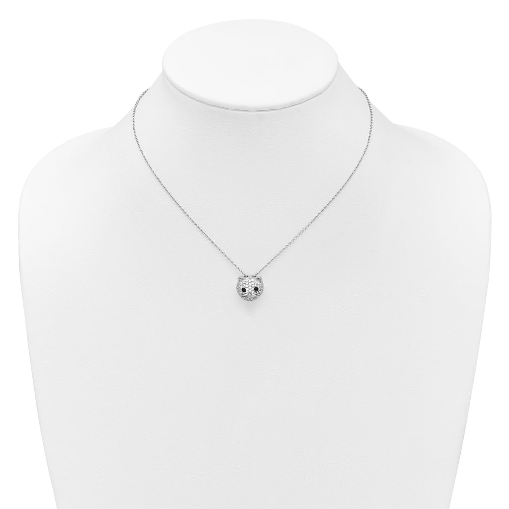 Cheryl M Sterling Silver Rhodium-plated Polished Black and White CZ Cat 16 Inch with 2 Inch Extension Necklace