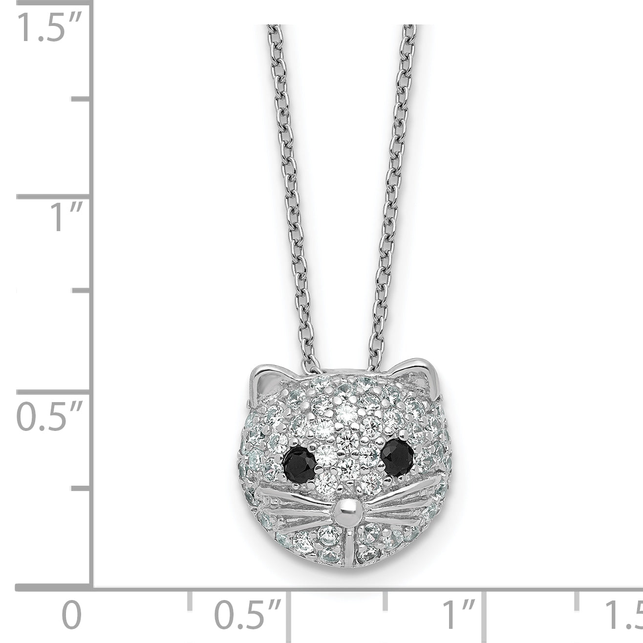 Cheryl M Sterling Silver Rhodium-plated Polished Black and White CZ Cat 16 Inch with 2 Inch Extension Necklace