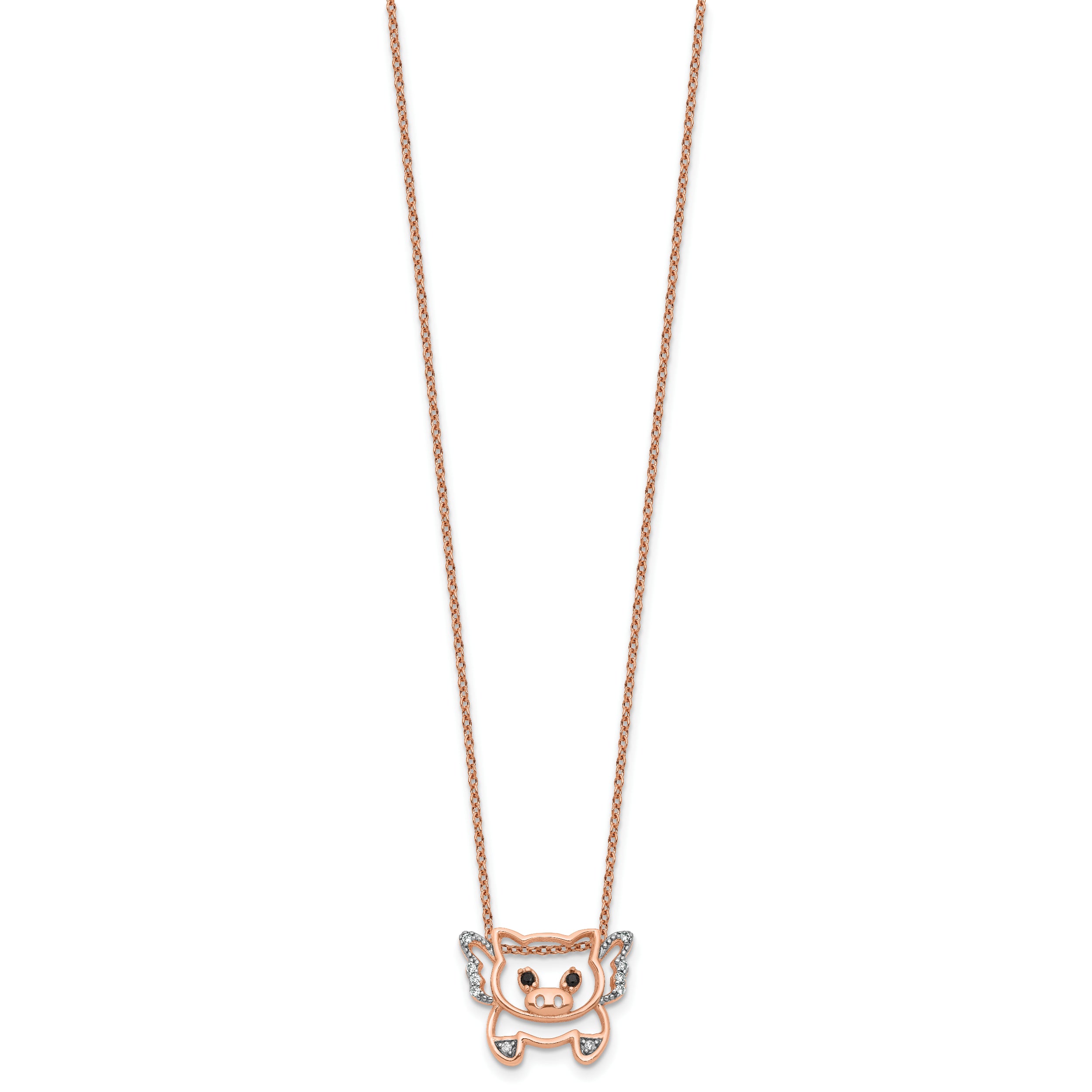 Cheryl M Sterling Silver Rose Gold-plated Polished Black and White CZ Flying Pig 16 Inch with 2 Inch Extension Necklace