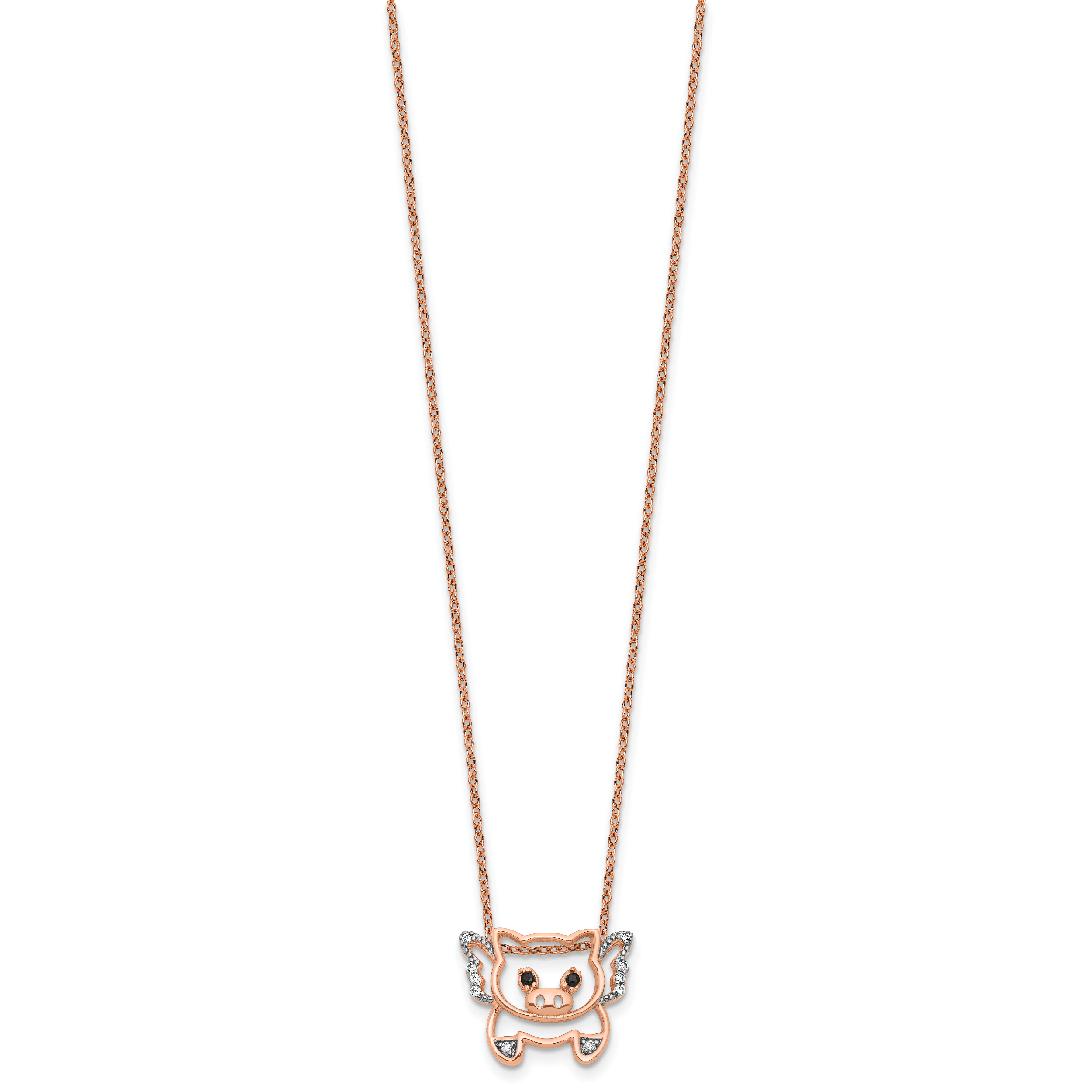Cheryl M Sterling Silver Rose Gold-plated Polished Black and White CZ Flying Pig 16 Inch with 2 Inch Extension Necklace Secondary image