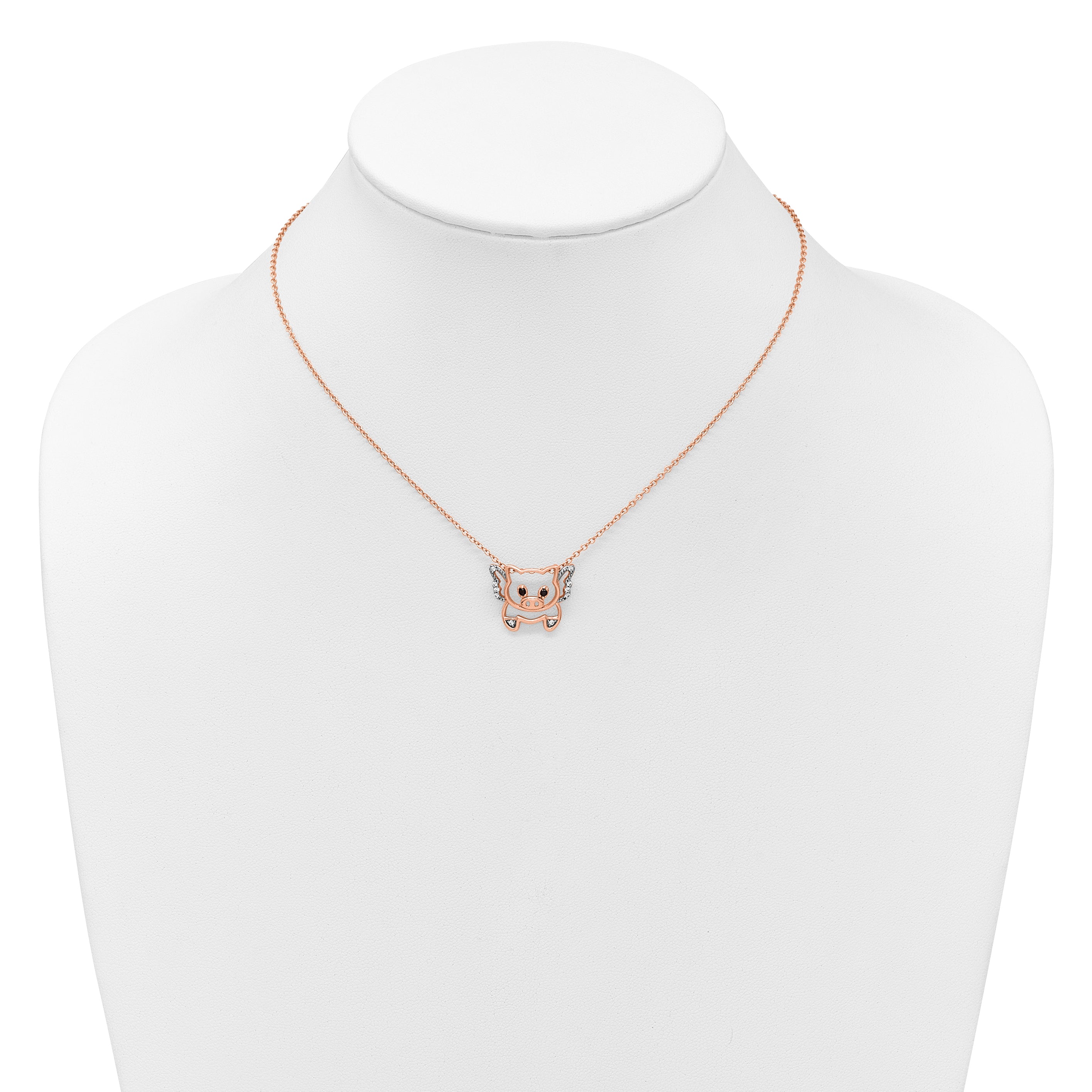Cheryl M Sterling Silver Rose Gold-plated Polished Black and White CZ Flying Pig 16 Inch with 2 Inch Extension Necklace