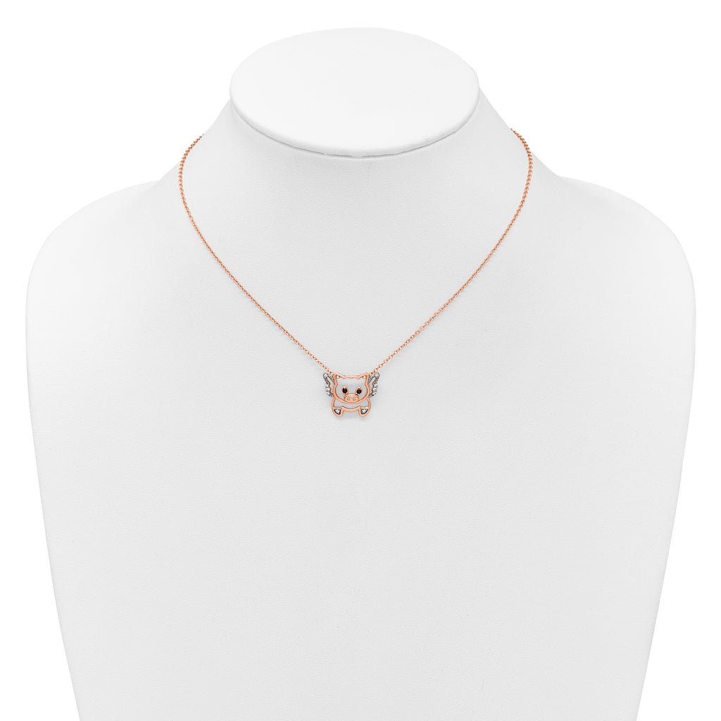 Cheryl M Sterling Silver Rose Gold-plated Polished Black and White CZ Flying Pig 16 Inch with 2 Inch Extension Necklace