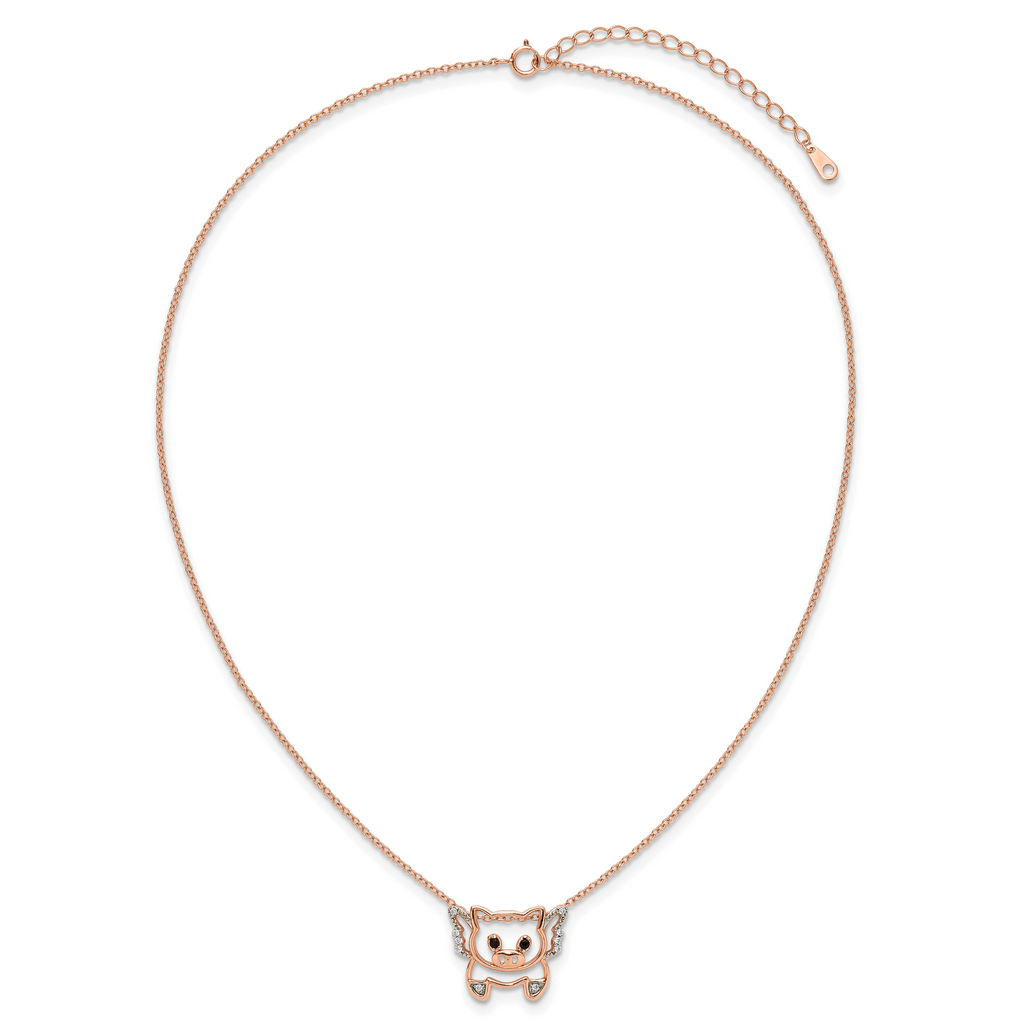 Cheryl M Sterling Silver Rose Gold-plated Polished Black and White CZ Flying Pig 16 Inch with 2 Inch Extension Necklace