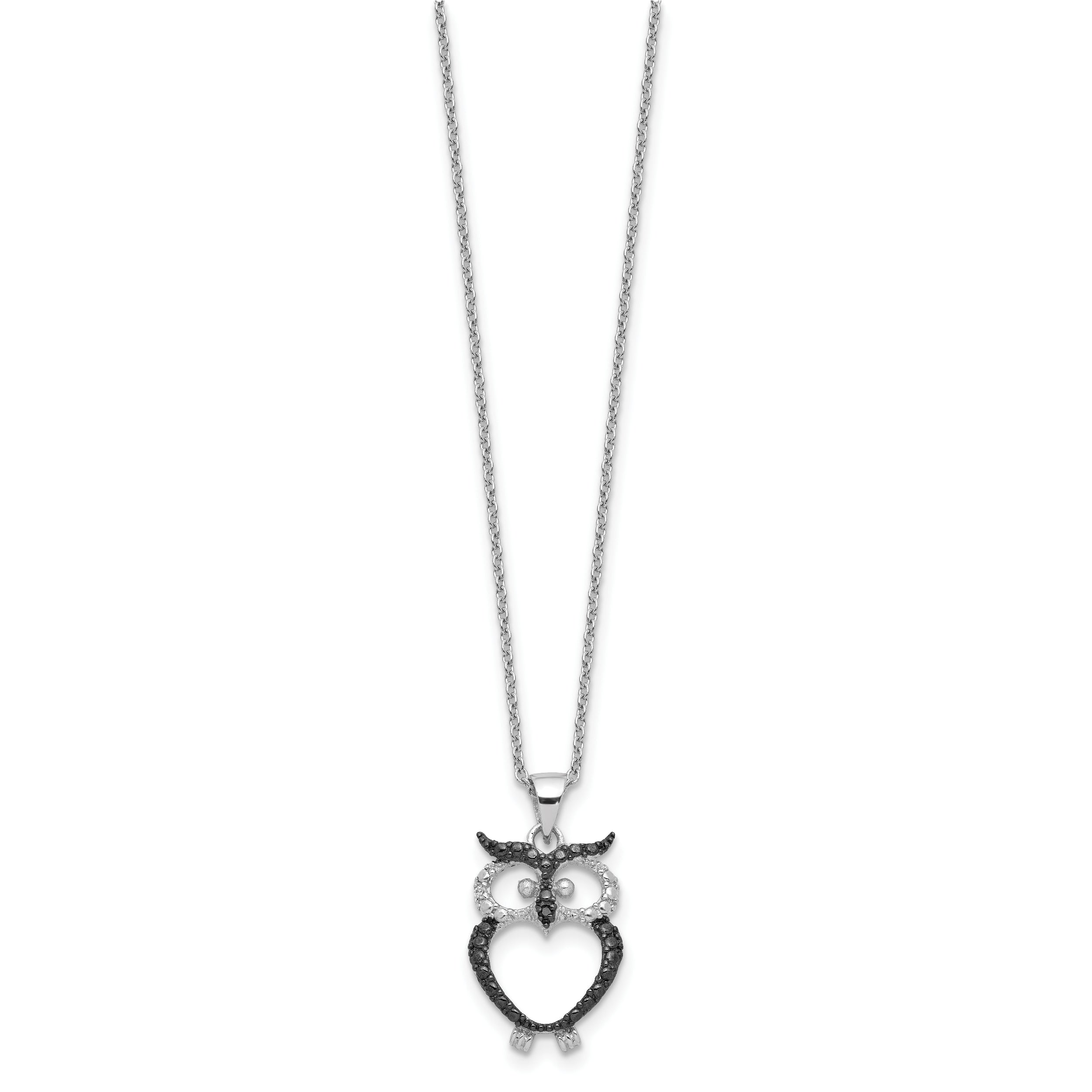 Cheryl M Sterling Silver Rhodium-plated with Black Rhodium Polished Black and White CZ Owl 16 Inch with 2 Inch Extension Necklace